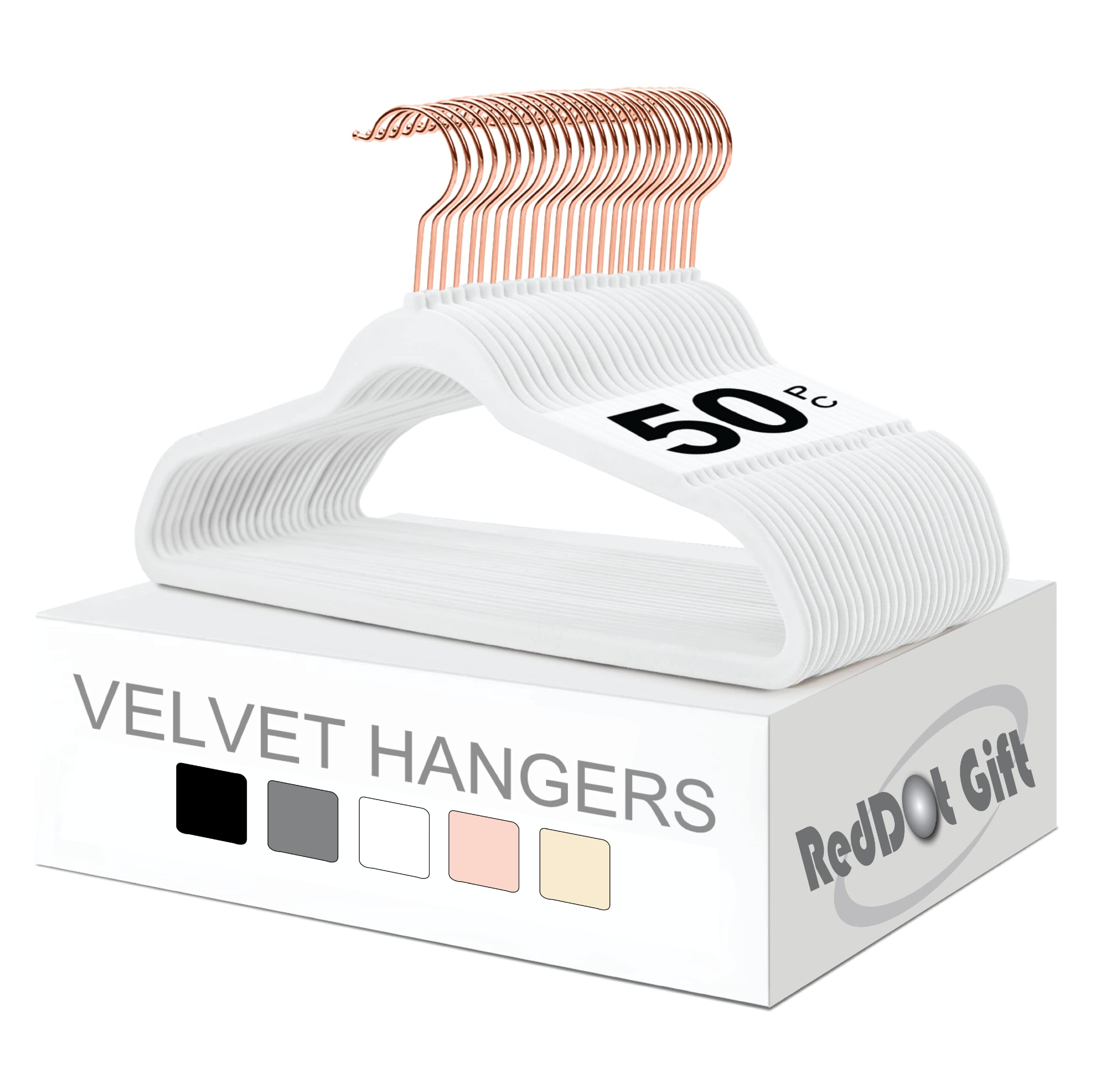 Red Dot Gift® 50-Pack White 45cm Non-Slip Velvet Hangers & Rose Golden 360 Degree Rotatable Hook - Durable & Slim - Non Slip Hangers for Coat Hangers - Pant Hangers… (White, 50)