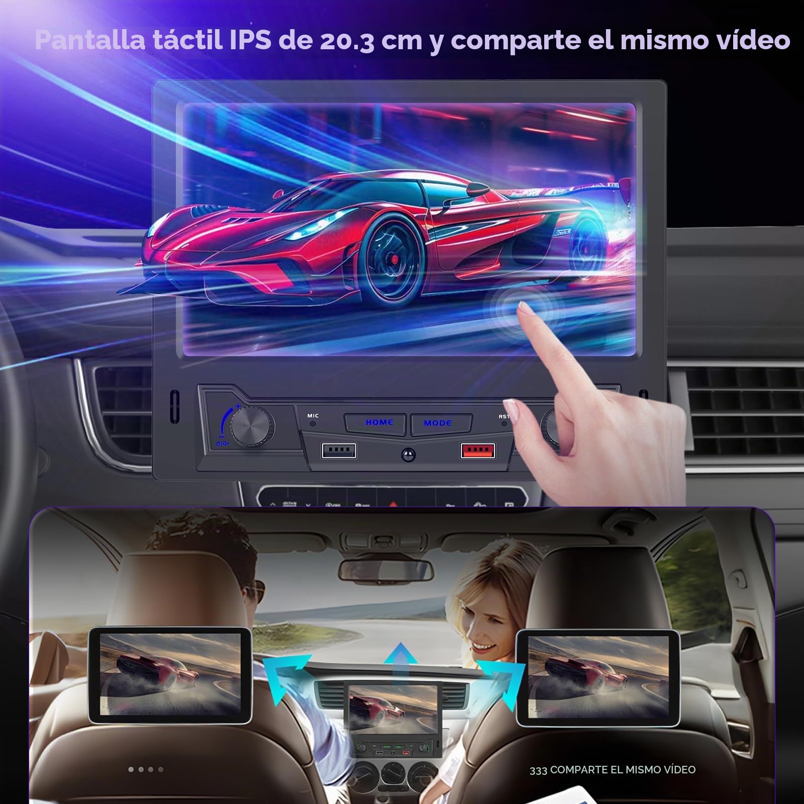 Hodozzy Radio Coche 1 DIN con Carplay Inalámbrico Android Auto, Estéreo de Coche con Pantalla Táctil de 8 Pulgadas con Bluetooth, Radio FM/Am, DSP, AUX, SWC, Doble USB, Compartir Video, Video Online
