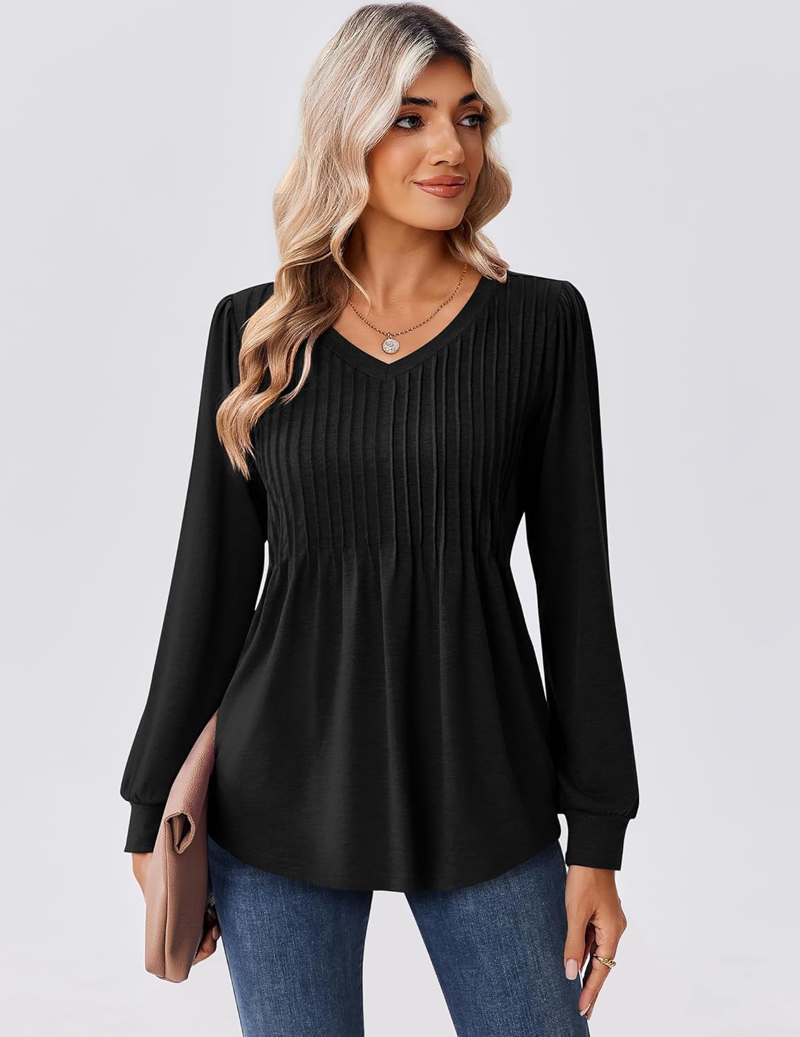 Zeagoo Long Sleeve Shirts for Women Casual V Neck Top Pleated Floral Boho Blouses 2026 Fall Tunics - Image 2