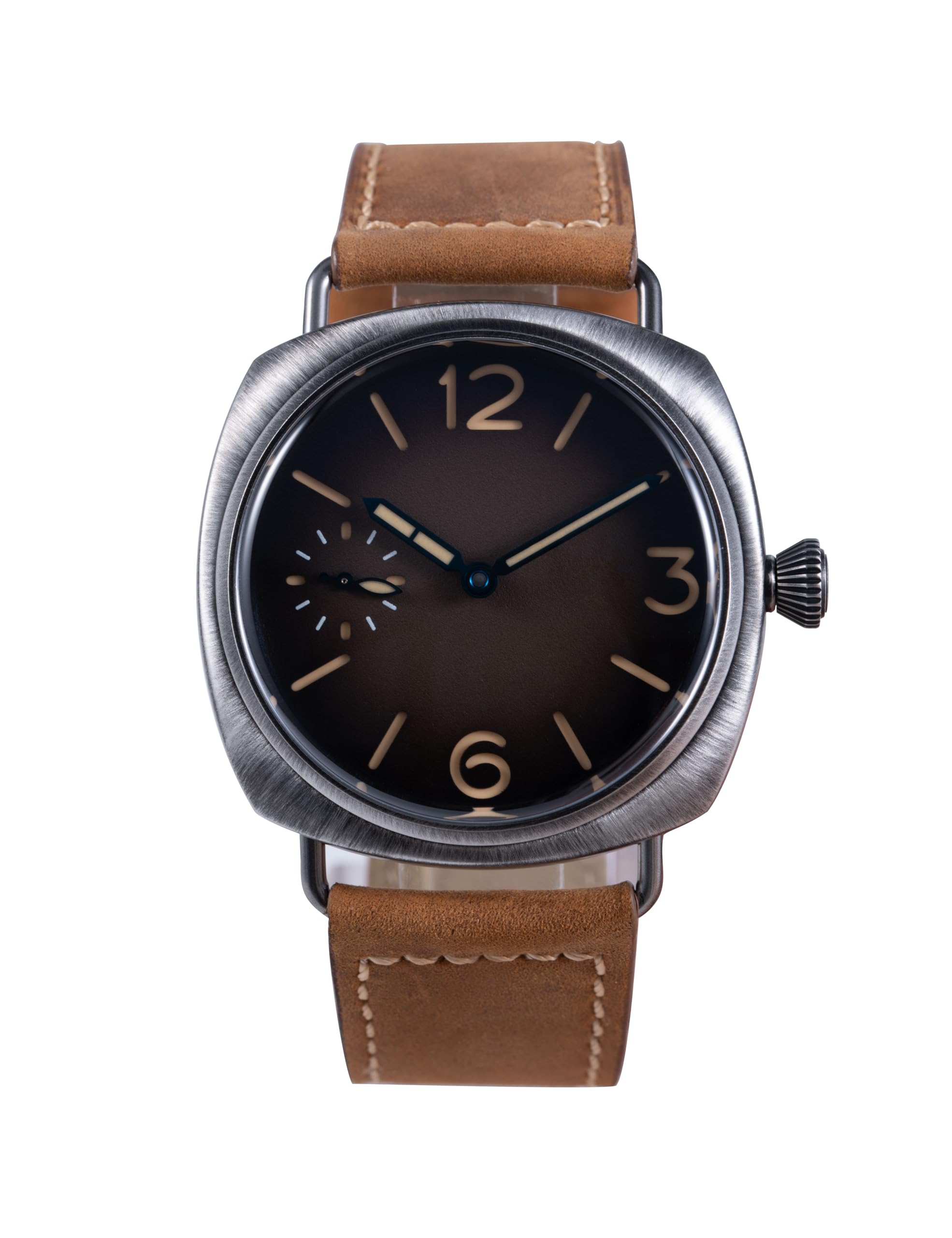 Orologio automatico da uomo con carica manuale, design vintage, vetro zaffiro luminoso, acciaio 316L, cinturino in pelle, opzioni su misura (marrone-B)