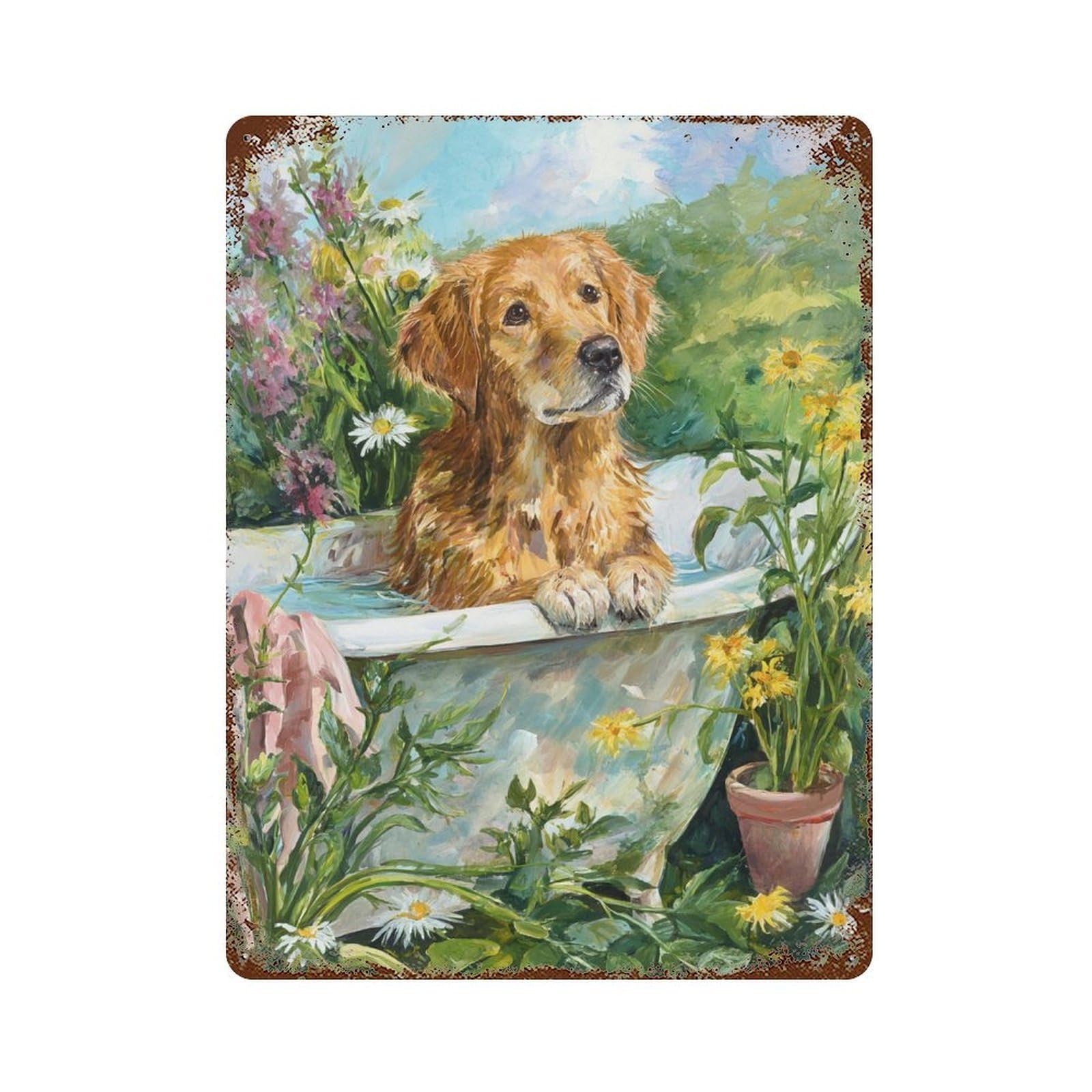 Rust Effect Golden Retriever in Bathtub-1 Vintage Metal Tin Sign 15.7"x11.8", Decorative Metal Wall Art for Office, Studio And Wall Decor