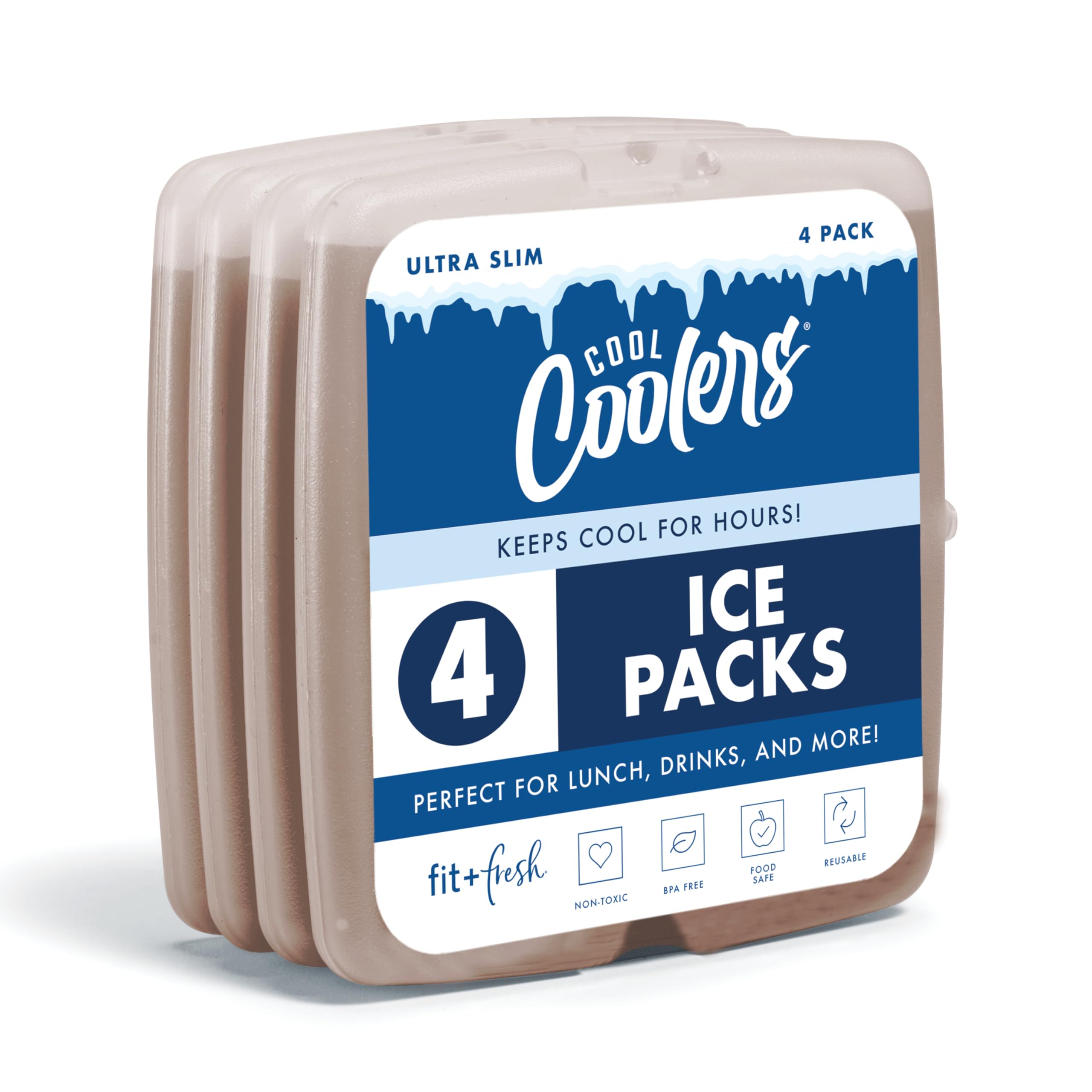 Fit + Fresh  Cool Coolers by Fit & Fresh Slim Ice Packs, Quick Freeze Reusable Ice Packs for Lunch Boxes & Coolers, Long-Lasting, Space Saving Lunch Ice Packs, Taupe, 4Pk, Taupe (4 Pack), 4 Pack