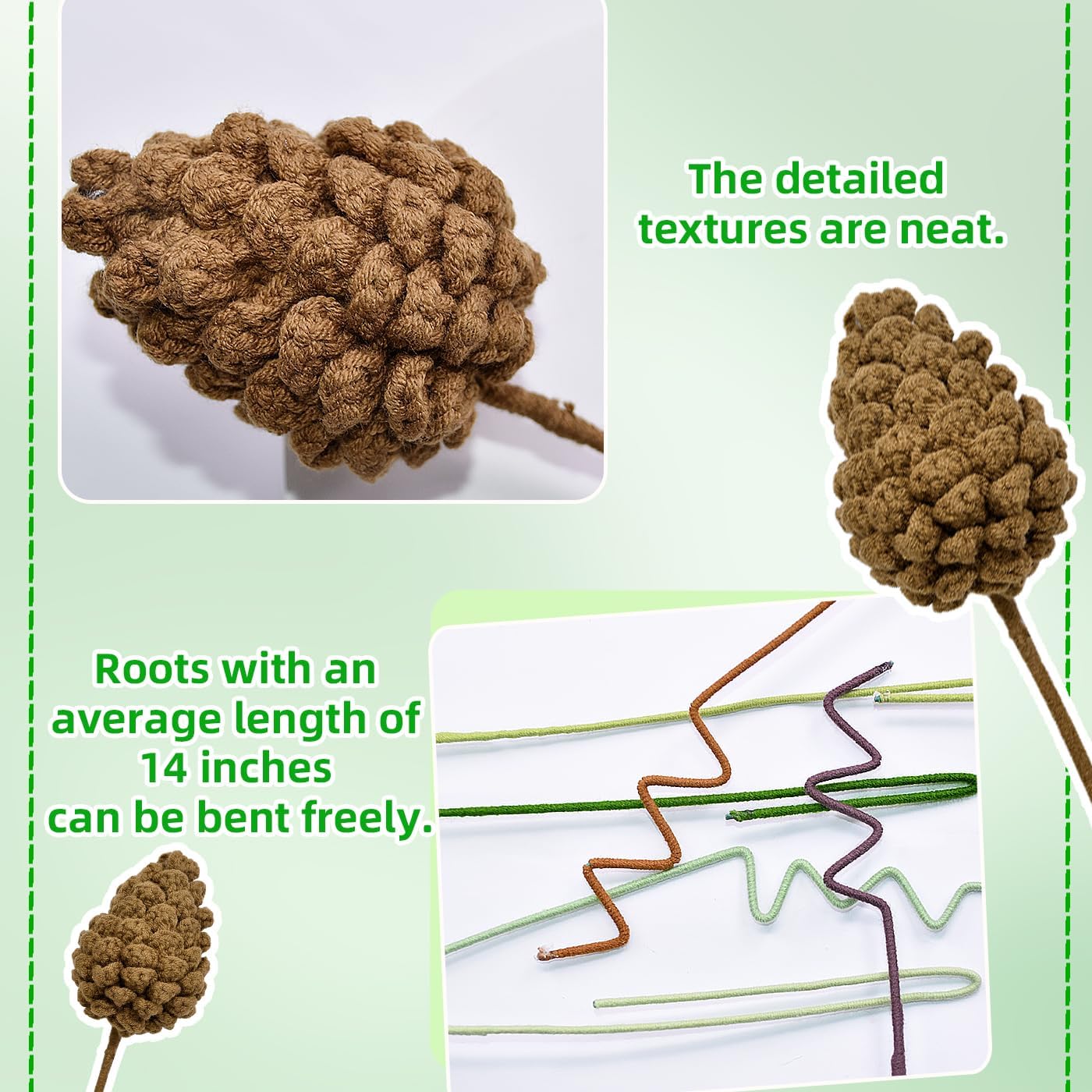 Libiline 6個パック、ハンドメイドかぎ針編みフラワーステムセット、コットン松ぼっくり、サンタ、ローズブーケ、クリスマスホリデ