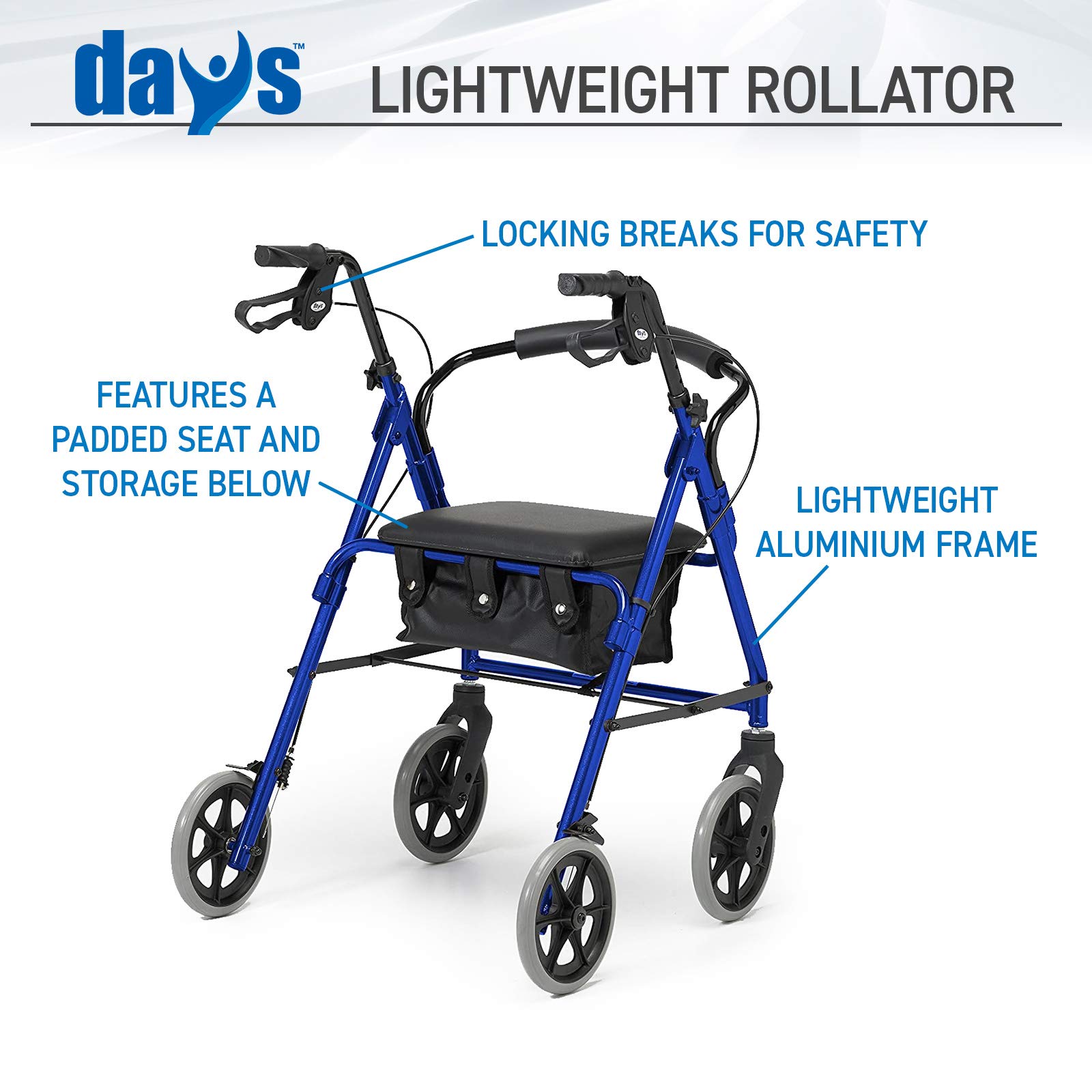 Days Lightweight Folding Four Wheel Rollator, Mobility Walker with