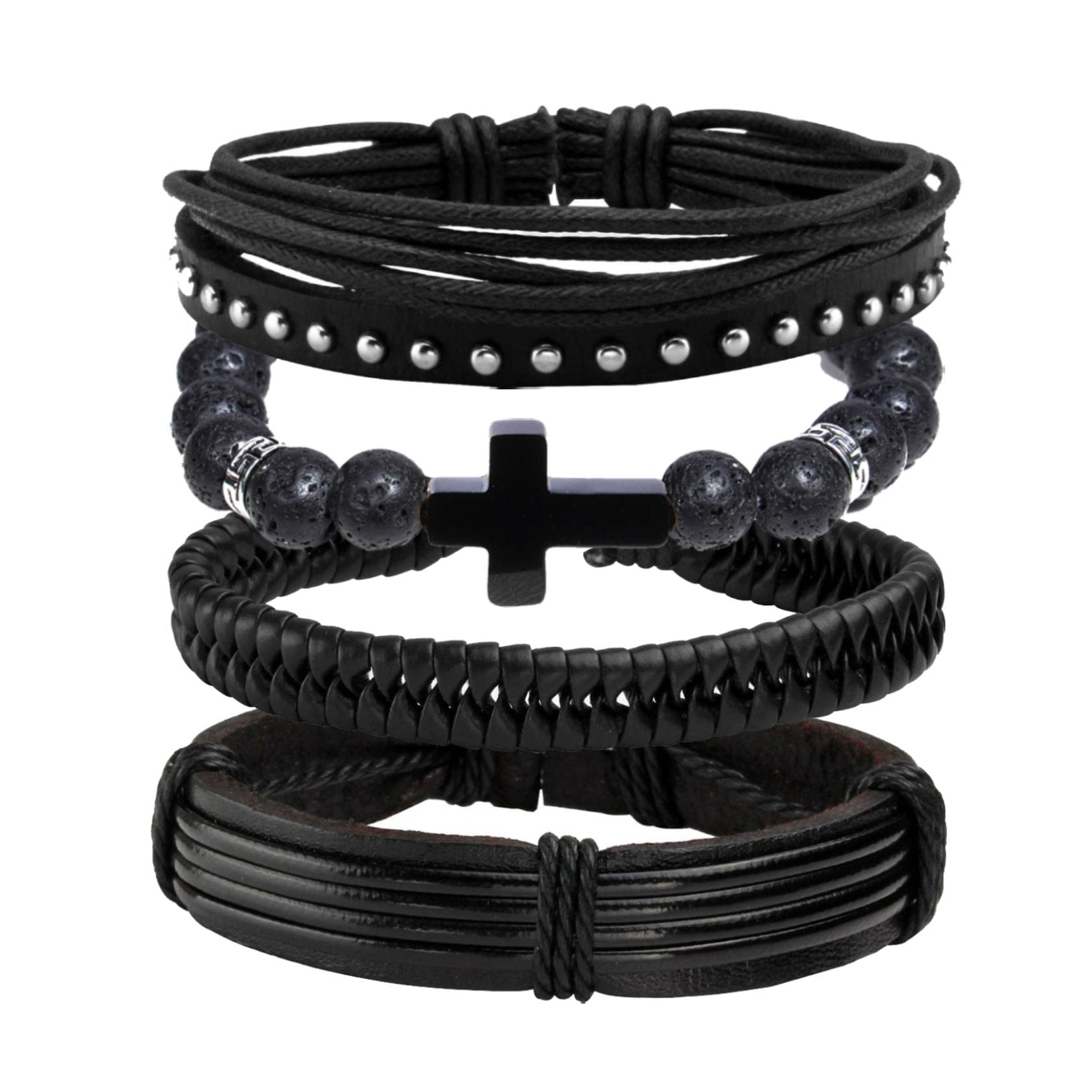 MILAKOO 4Pcs Black Leather Cuff Bracelets for Men Women Stackable Braided Vintage Punk Bracelets