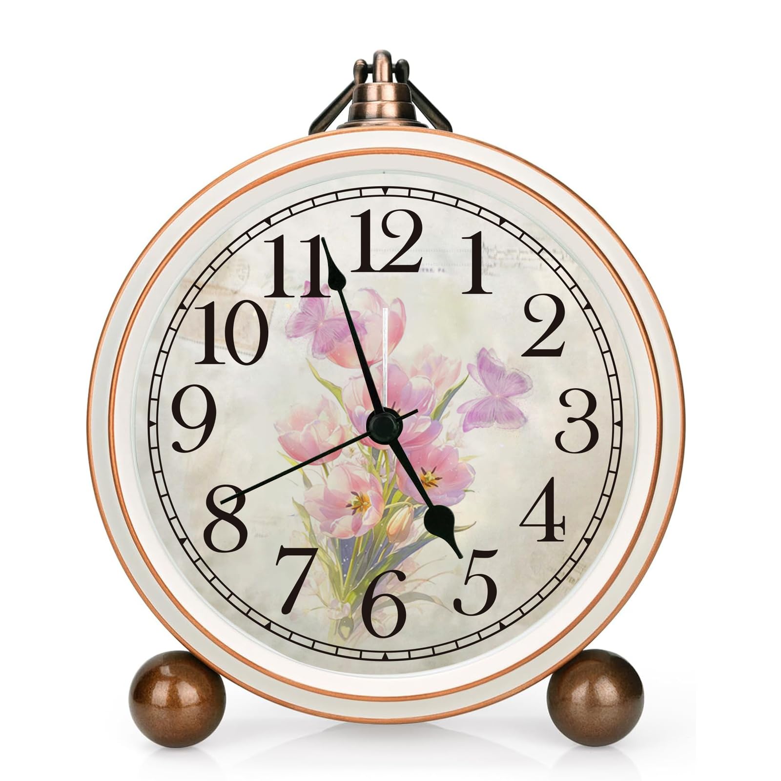 Maxspace 5.2in Vintage Alarm Clock, Silent Non-Ticking Tulips Analog Clock & Battery Operated Table Clocks with Quartz Movement, Desk Clock Decor for Bedroom Living Room (Pink)