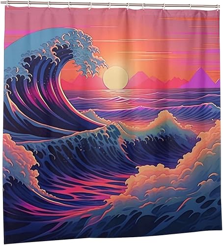 Miniatura 7 de YLATY1875 - Cortina de ducha con diseño de olas de mar azul para baño, juego de cortina de ducha japonesa Ukiyo-e Red Sun Boho, nubes abstractas