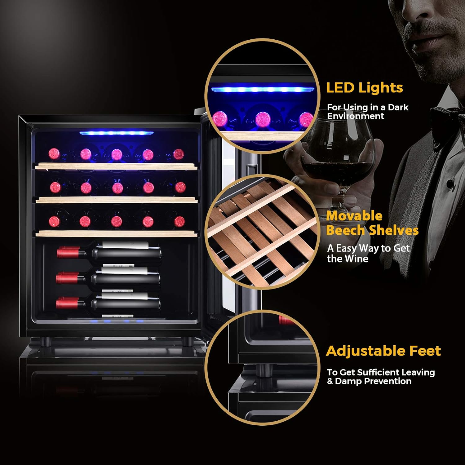 Wine cooler showing adjustable feet, LED lights, and movable shelves