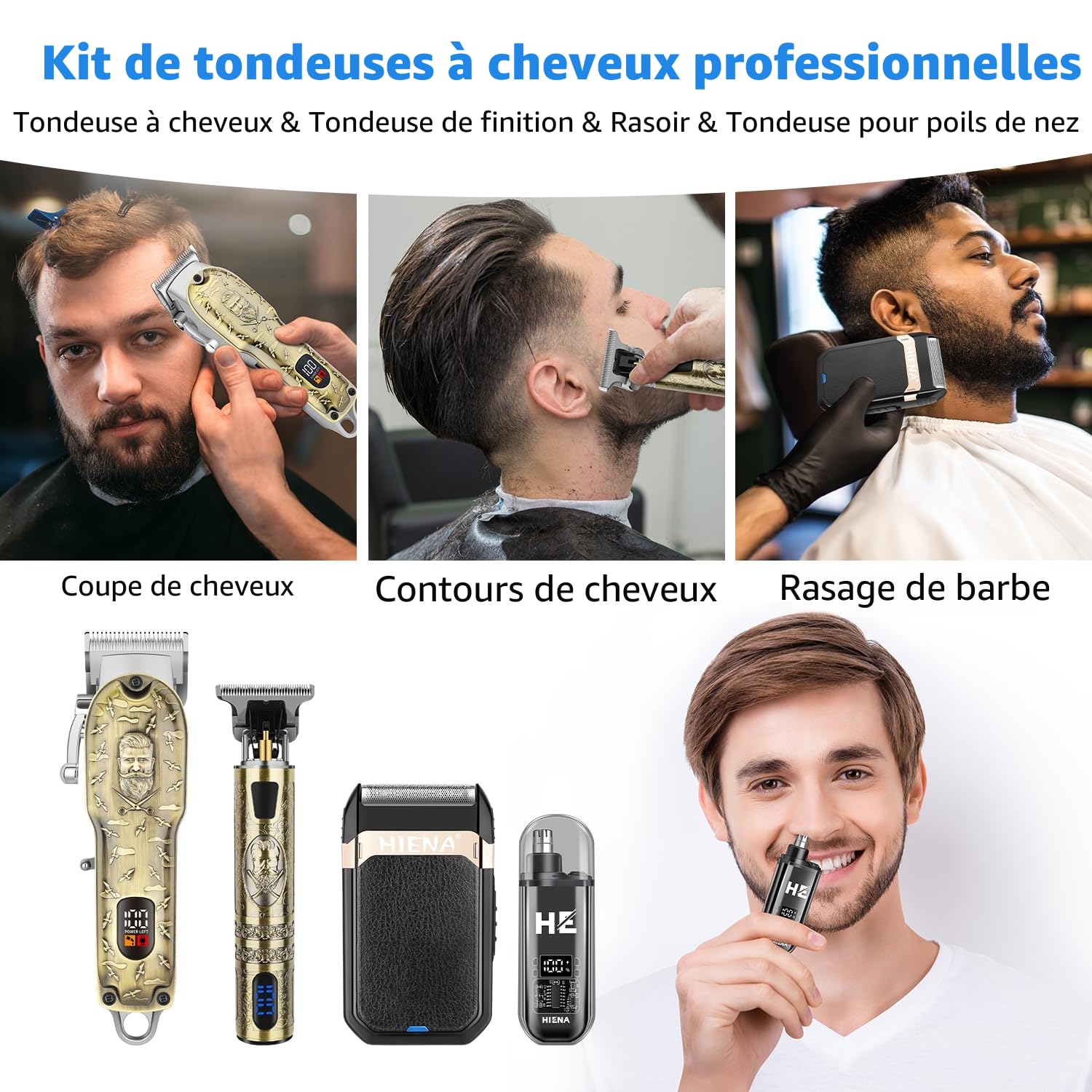 HIENA PRO Tondeuse à cheveux professionnelle pour hommes, Tondeuse à cheveux sans fil Tondeuse à barbe Rasoir à lame Tondeuse pour nez Set, Kit complet de tondeuse électrique rechargeable USB (Set 814