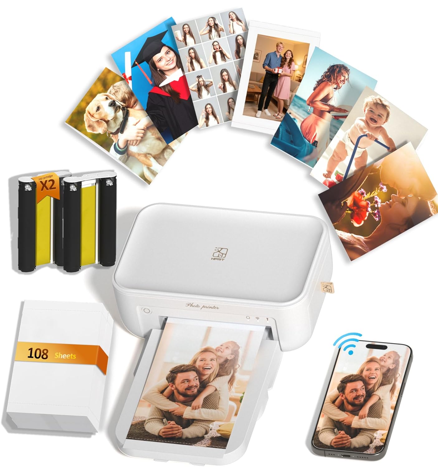 CP4100 4x6 Photo Printer with 108 Sheets & 2 Ribbons, Full-Color Thermal Dye Sublimation Wi-Fi Printing, Portable Instant Picture Printer for iPhone/Android, AR Video, Fun App, Home Use, White