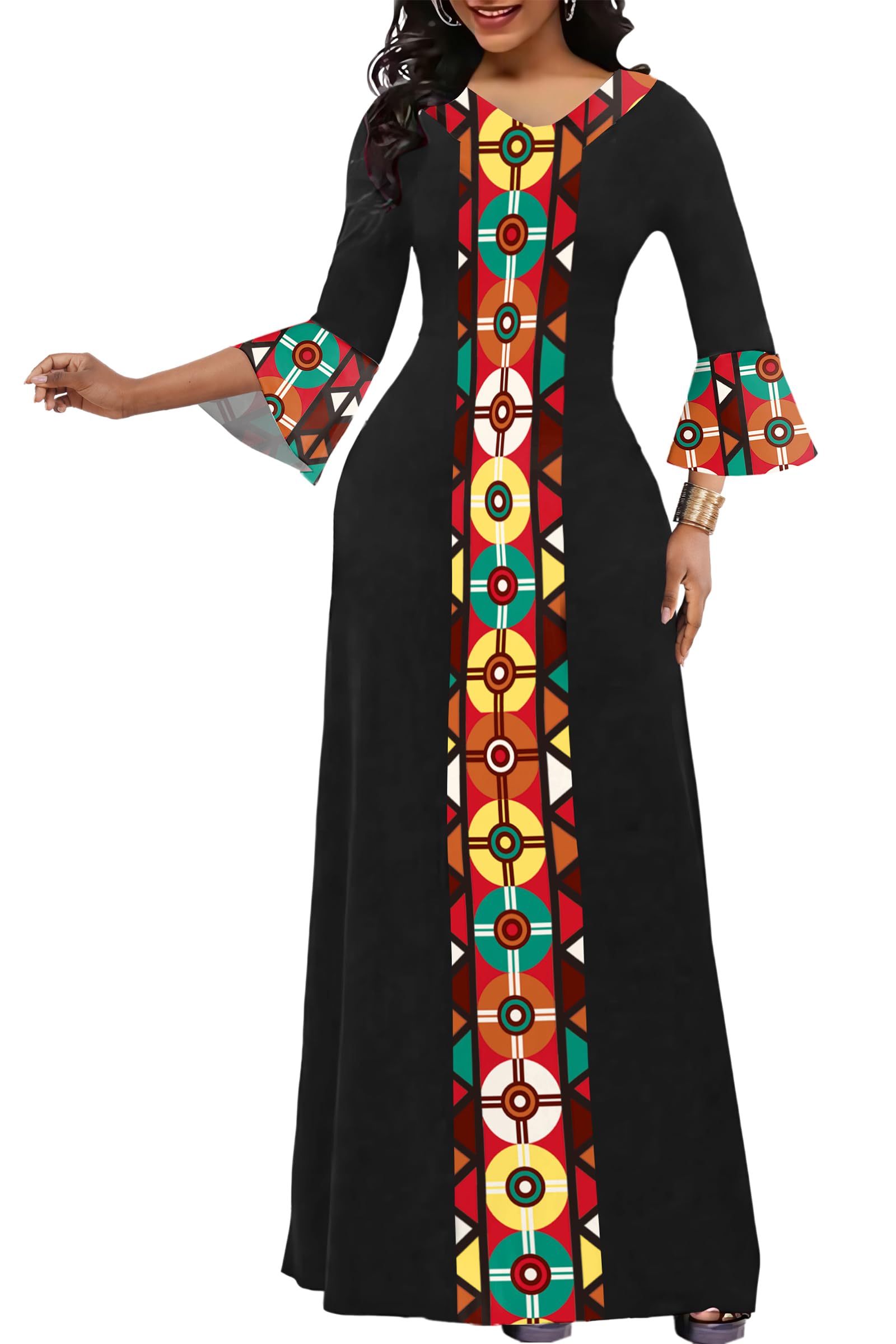 Elegant Maxi Long V-Neck Casual Dress for Women, Bell Sleeve African Print Dresses for Cocktail Party（M-3XL）
