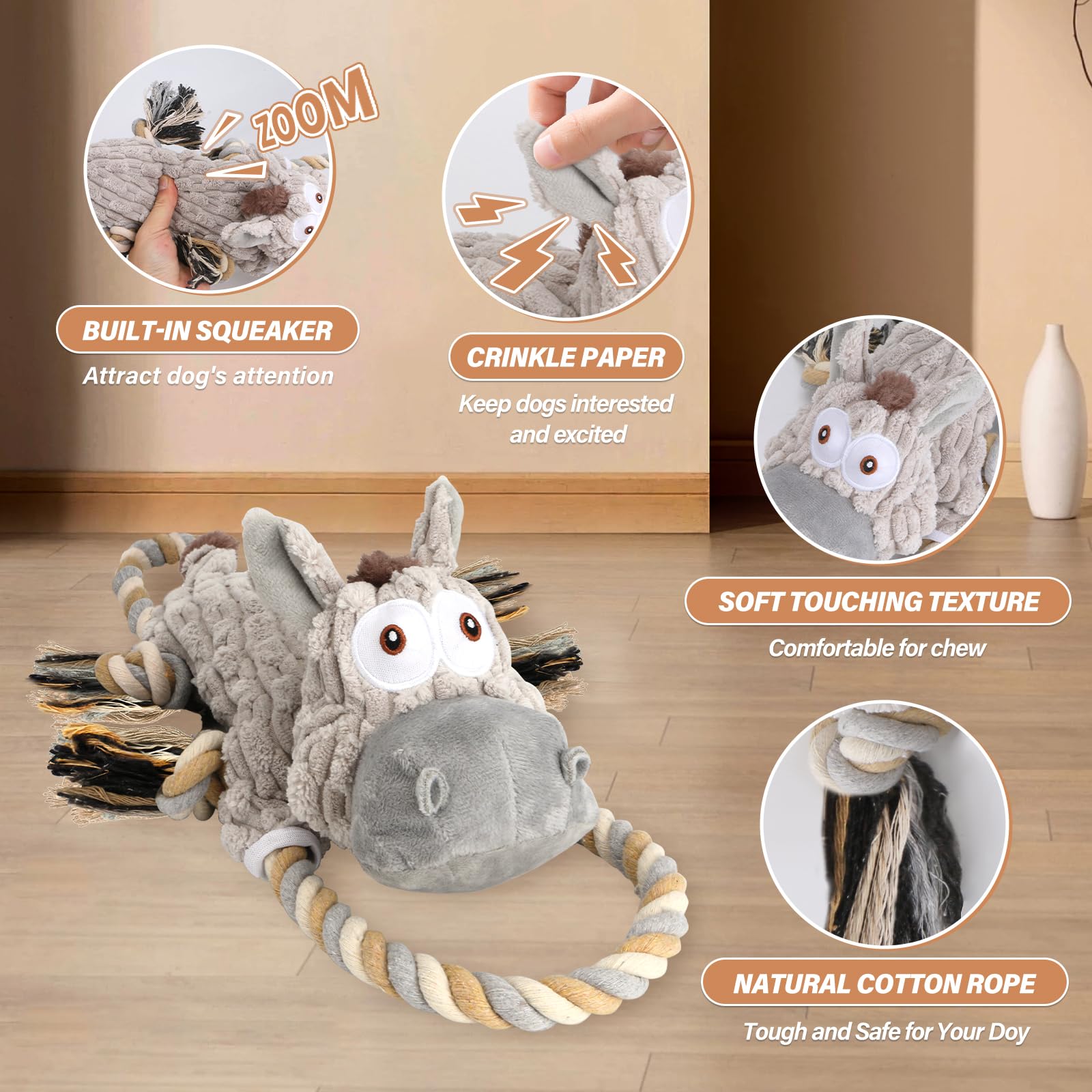 Drmstow Crinkle Plush Dog Toys with Squeaker, Tug Rope, Assorted Sizes for Puppies and Dogs, Brown - Image 2