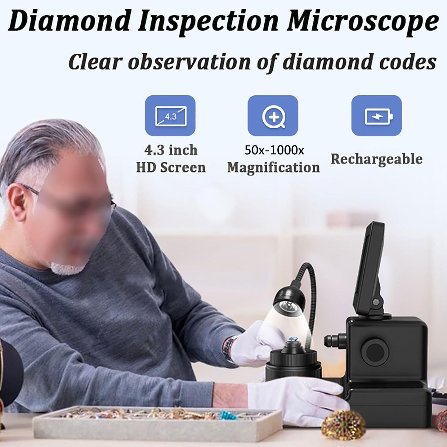 Mikroskop 50x-1000x, 4,3" Diamentowa wizjer pasa z oświetleniem LED, regulowany zestaw mikroskopu do biżuterii, precyzyjna identyfikacja, do diamentów, biżuterii