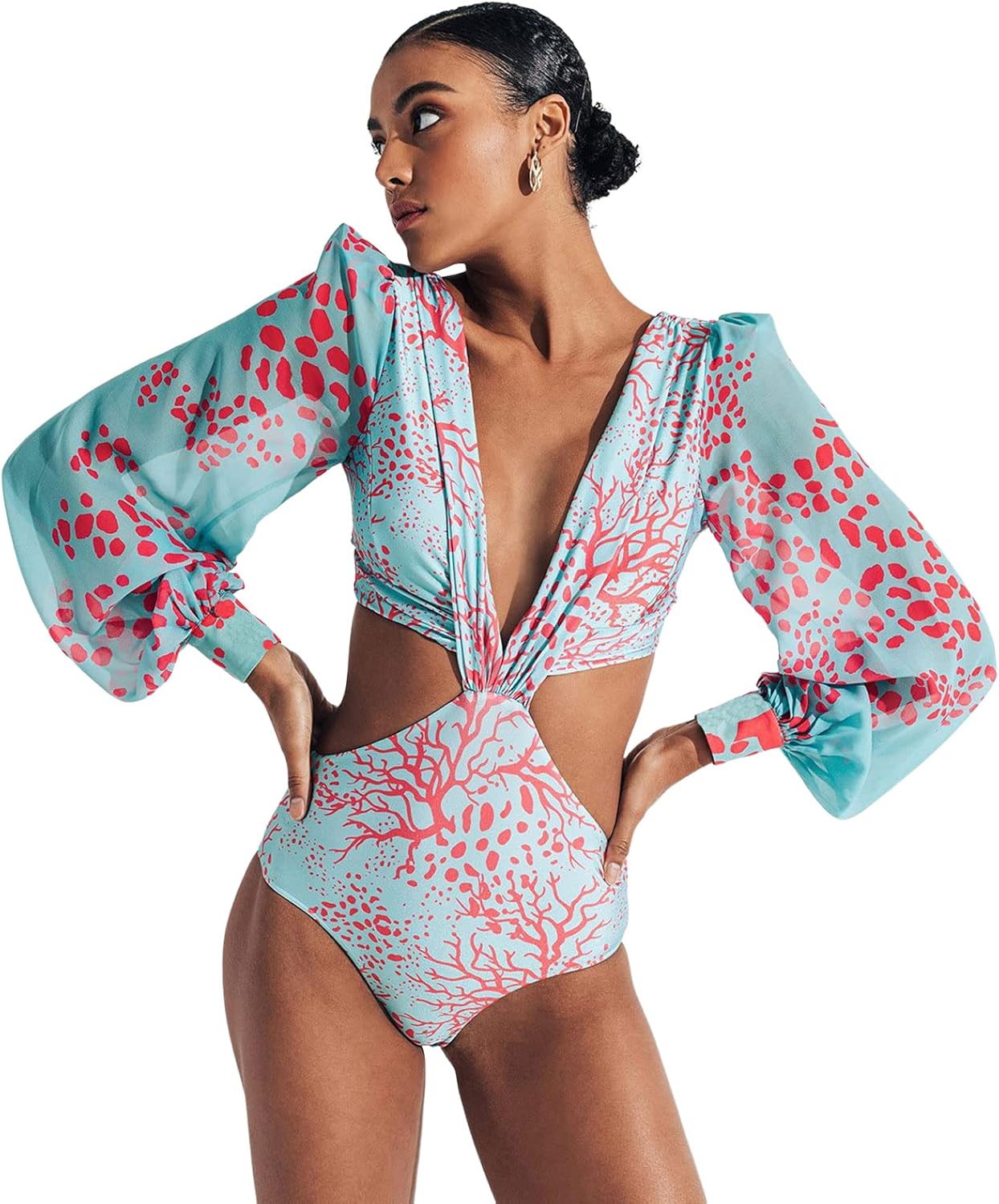 OPOIPIN Women's Deep V Neck One Piece Swimsuit Puff Long Sleeve