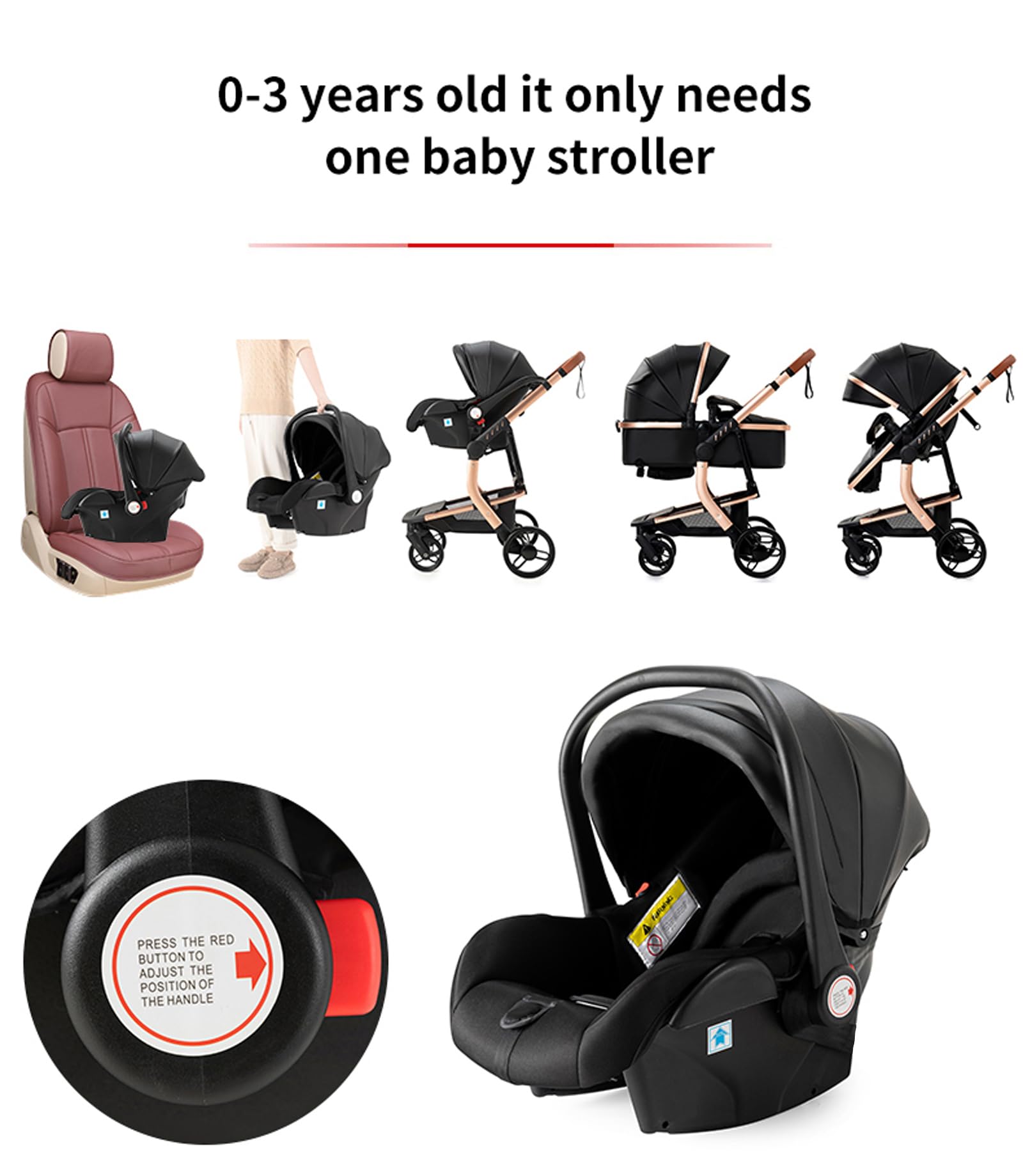Cuero PU Carrito Bebe 3 en 1, Carrito Bebe con Diseño Portátil Plegable de Un Clic, Carro Bebe 3 Piezas con Empuje Reversible Dos Vías, Cochecito Bebe 3 Piezas con Accesorios (B518 Grey)