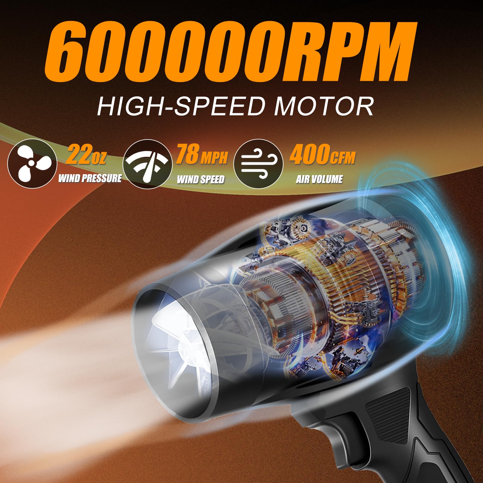 Soffiatore per foglie senza fili, con 2 batterie da 4,0 Ah e caricabatterie, 600.000 giri/min, soffiatore portatile leggero con velocità regolabile per pulizia patio, cura del prato, auto, soffiaggio