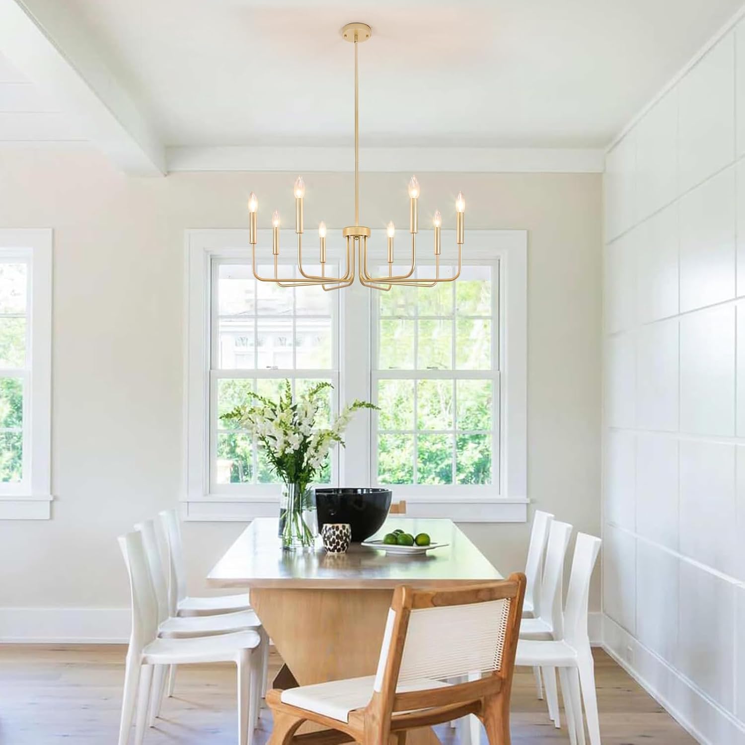 Gold Chandelier, 8-Light Farmhouse Chandeliers for Dining Room, Gold Candle Chandelier Light Fixtures for Kitchen, Living Room, Foyer, Entryway