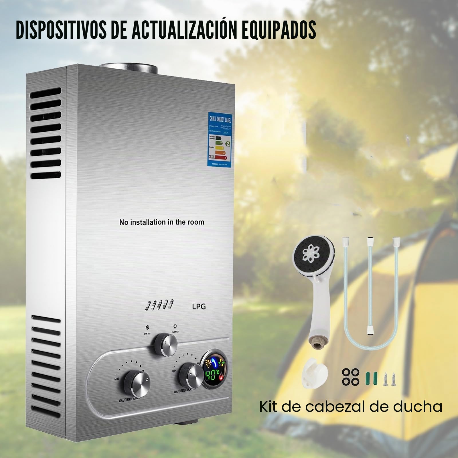 6L Calentador de Agua a Gas Propano LPG Calentador de Agua a Gas Butano 12KW Calentador de Agua de Gas Licuado de Petróleo sin Tanque,6L/min,para Baño/Cocina/Autocaravana/Camping