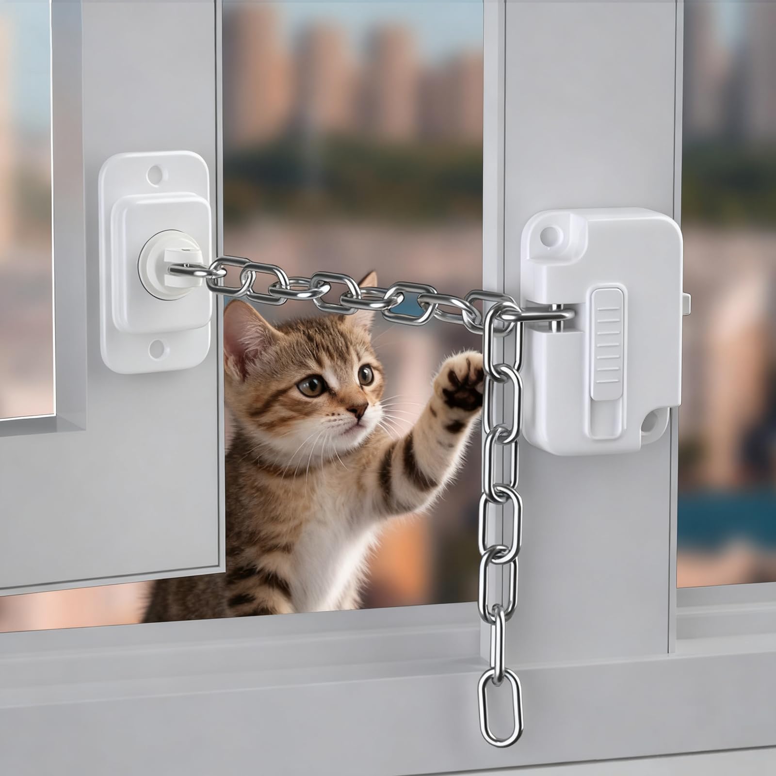 Window Locks Pets Child Safety, 1 Pack Adjustable Window Restrictors with Stainless Chain - Image 4