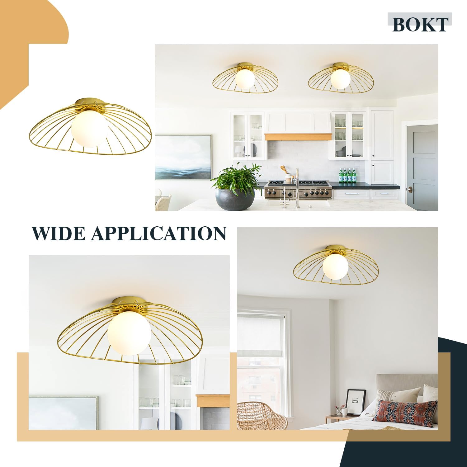 BOKT Gold Farmhouse Semi Flush Mount Ceiling Light Cage Hallway Ceiling Lamps Milk Glass Flush Mount Ceiling Light Vintage Glass Globe Close to Ceilings Light Industrial Entryway Light Fixture