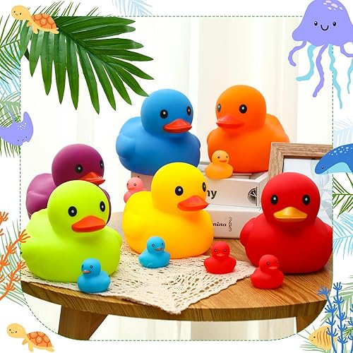 Miniatura 5 de Juego de 6 patos de goma de 7.1 pulgadas, juego de patos de goma grandes y coloridos para fiestas, patos flotantes y chirriantes, juguetes de tina