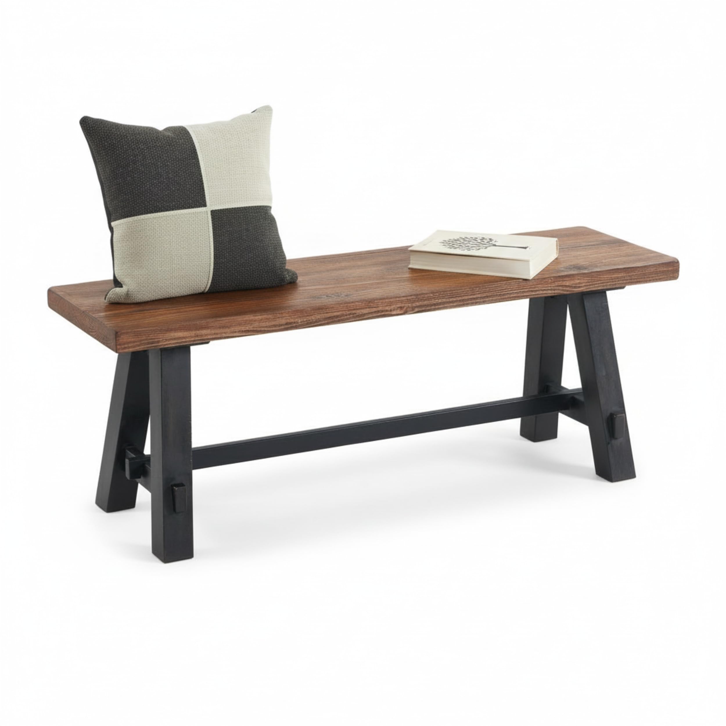 Adam 48-Inch Rustic Industrial Solid Wood Entryway Bench with Distressed Black Sawhorse Legs – Sturdy Accent Seating for Living Room, Mudroom, Dining Room, and Laundry Room by Alaterre Furniture