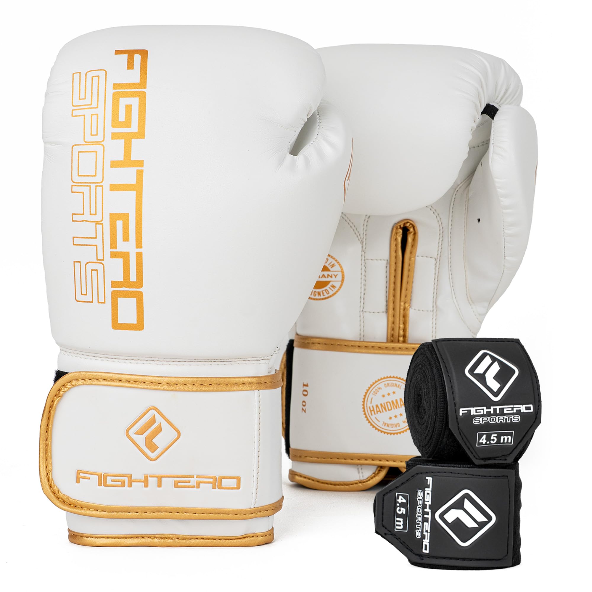 Boxhandschuhe FIGHTERO Weiss Gold mit kostenlosen Bandagen und Tasche – Profi Boxhandschuh Set für Training, Kickboxen, Muay Thai & MMA – atmungsaktiv, ergonomisch & robust – 8 oz - 16 oz