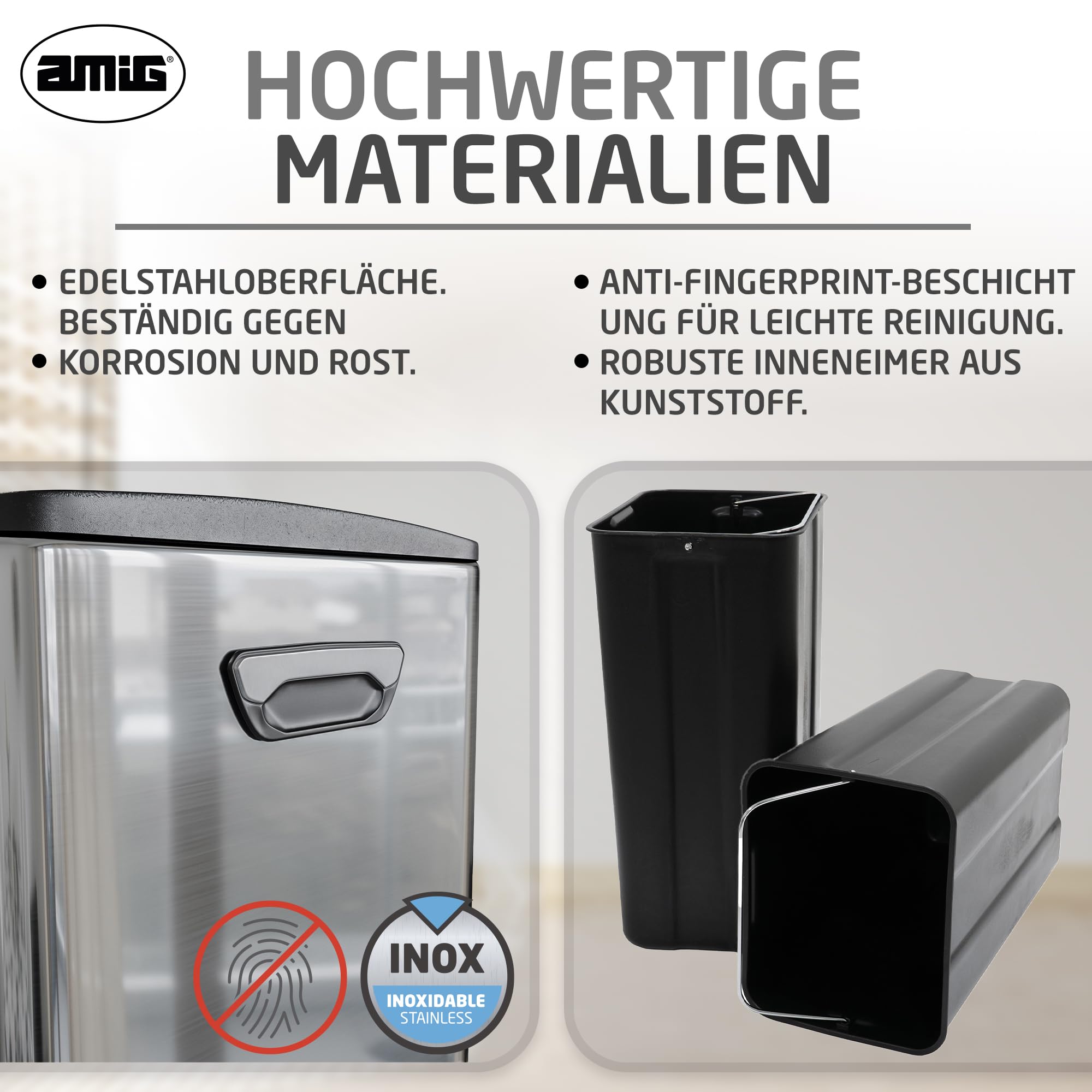 Amig - Doppelte Recycling-Mülleimer mit Pedalen Mod. RECIK EVO 40 L - 2 separate Behälter mit je 20 L - 2x20L - Edelstahl - 45 x 30 x 52 cm - Silber