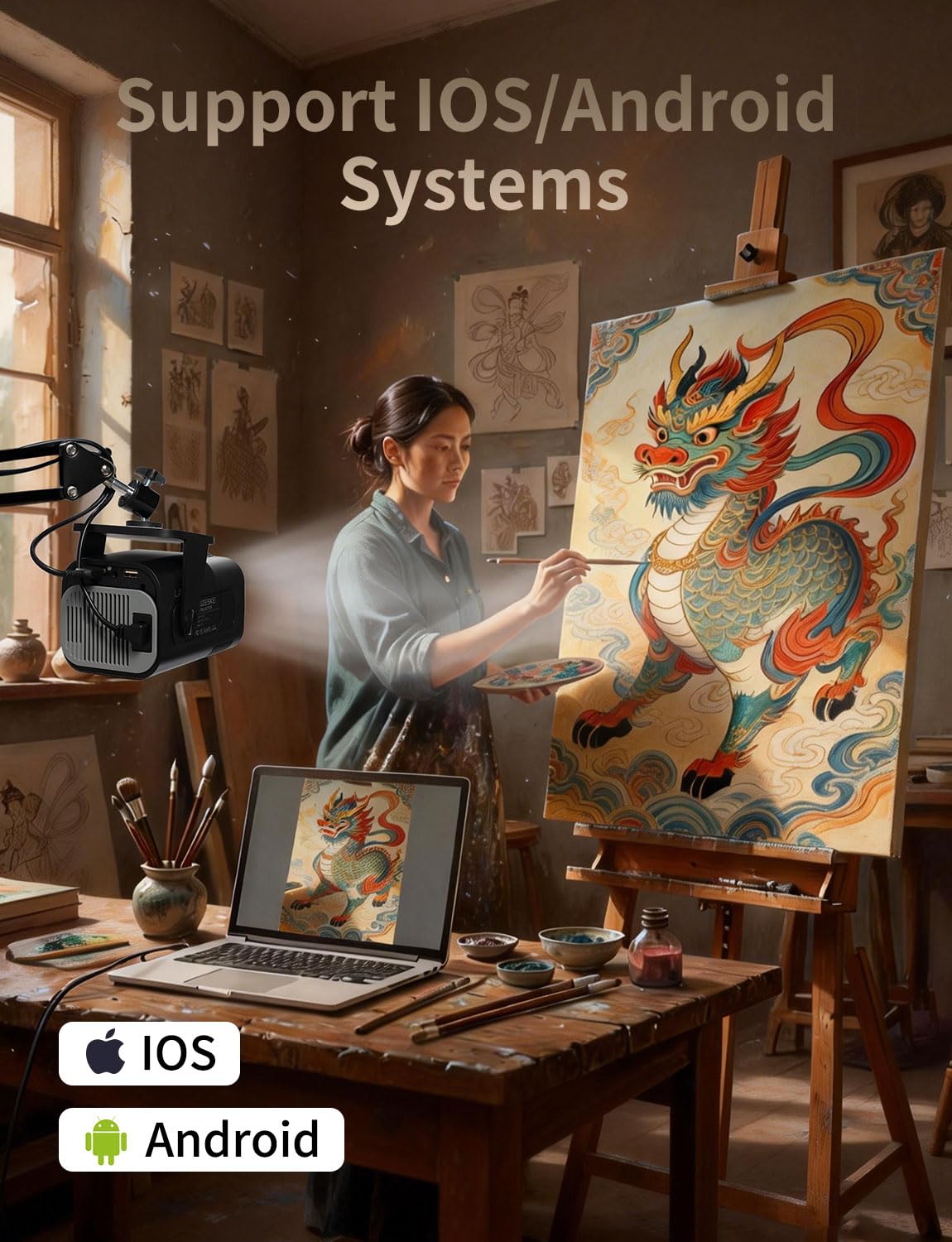 HY520 projektor artystyczny do rysowania, przenośny inteligentny projektor 720p dla dorosłych artystów, projektor obrazów do malowania na płótnie, 200 lumenów ANSI z WiFi i Bluetooth