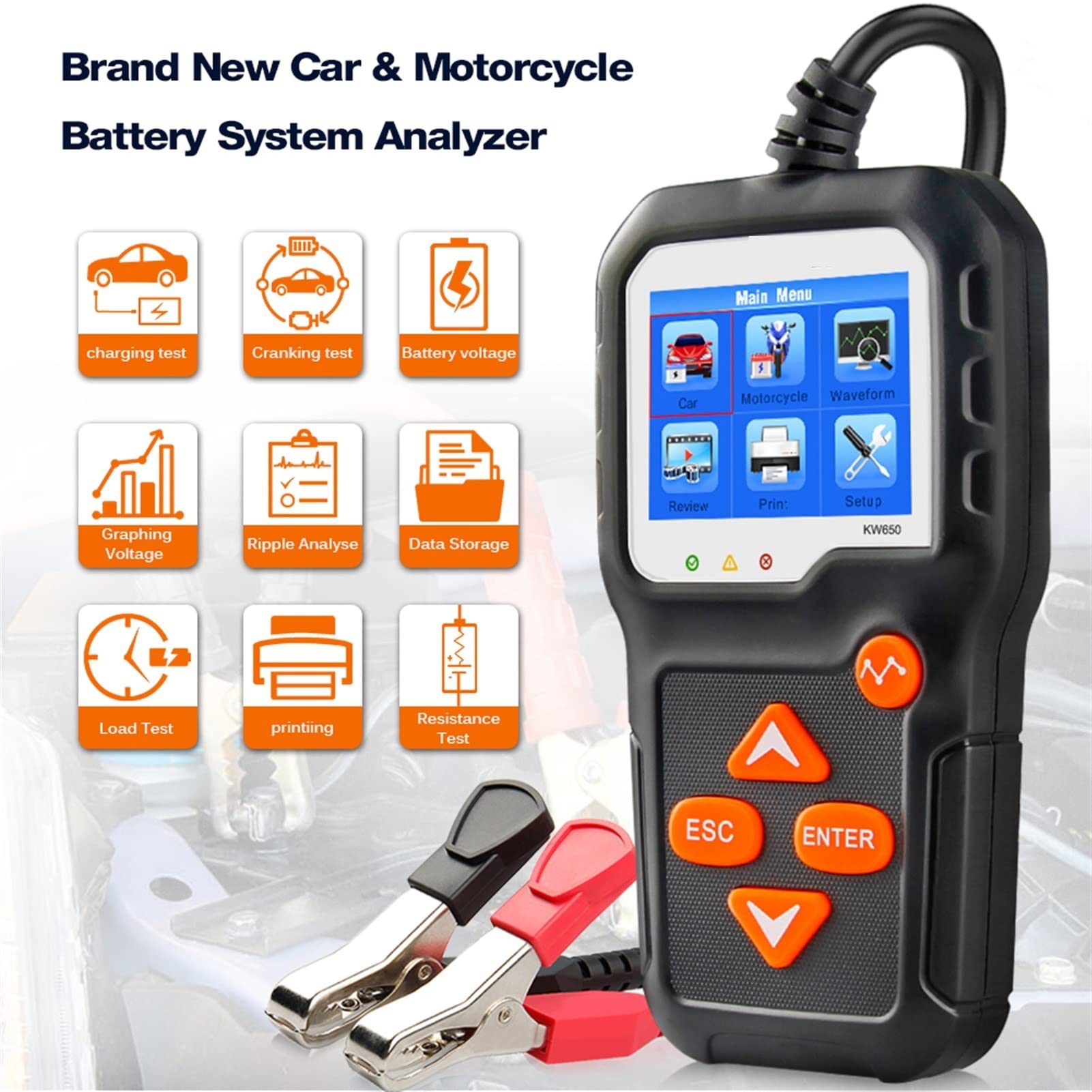 Probador de carga de batería, Kw650 Probador de batería de la motocicleta del coche 1 2V 6V Analizador del sistema de batería 200 0cca Carga de herramientas de prueba de arranque for el coche. para mo