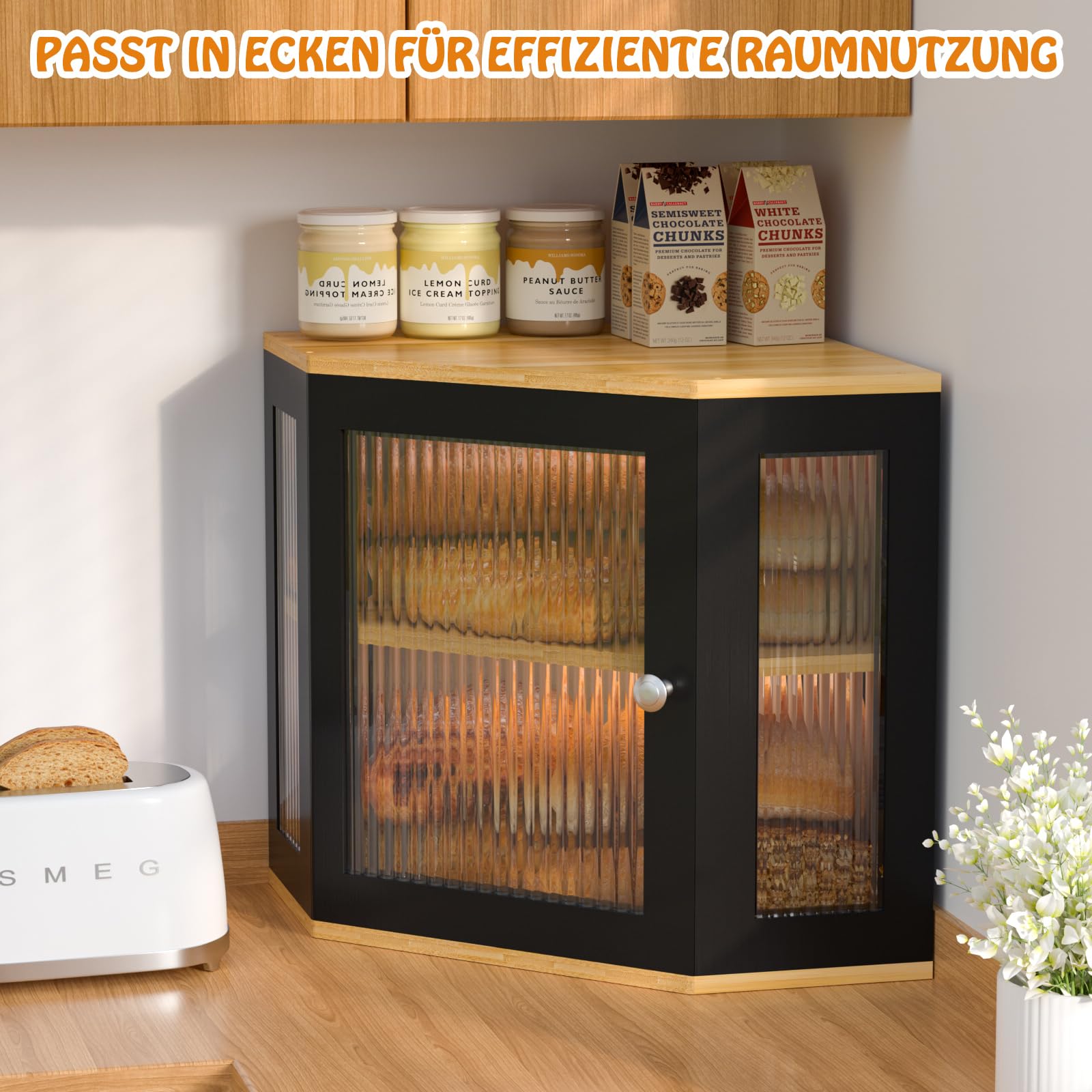 Papelera de pan de bambú de esquina con 2 niveles, contenedor de pan de madera, caja de almacenamiento de alimentos apta para pan, fácil de cuidar, 32 x 32 x 35 cm