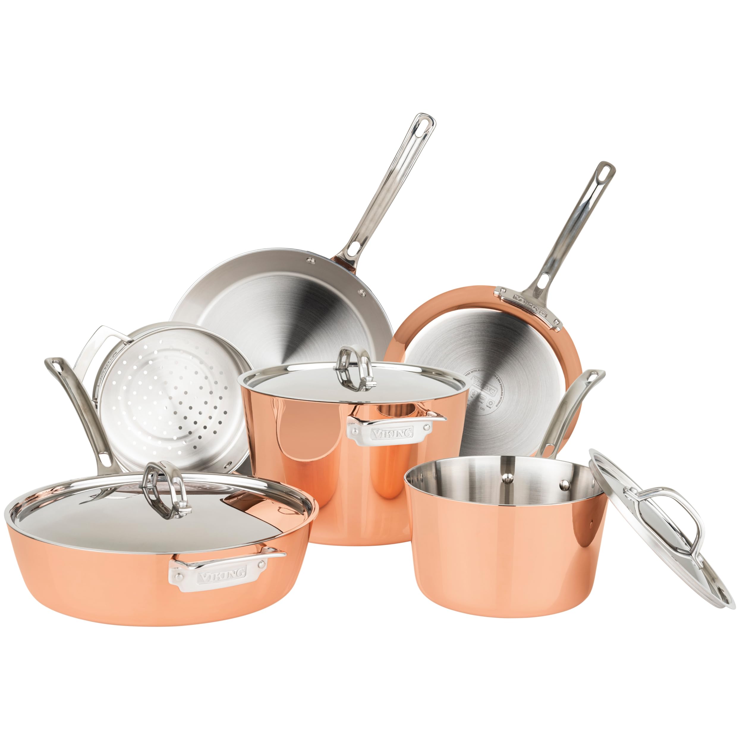 VikingCulinary Contemporary 4-Ply Copper Clad Cookware Set with Metal Lids, 9 Piece, Oven Safe, Works on All Cooktops including Induction