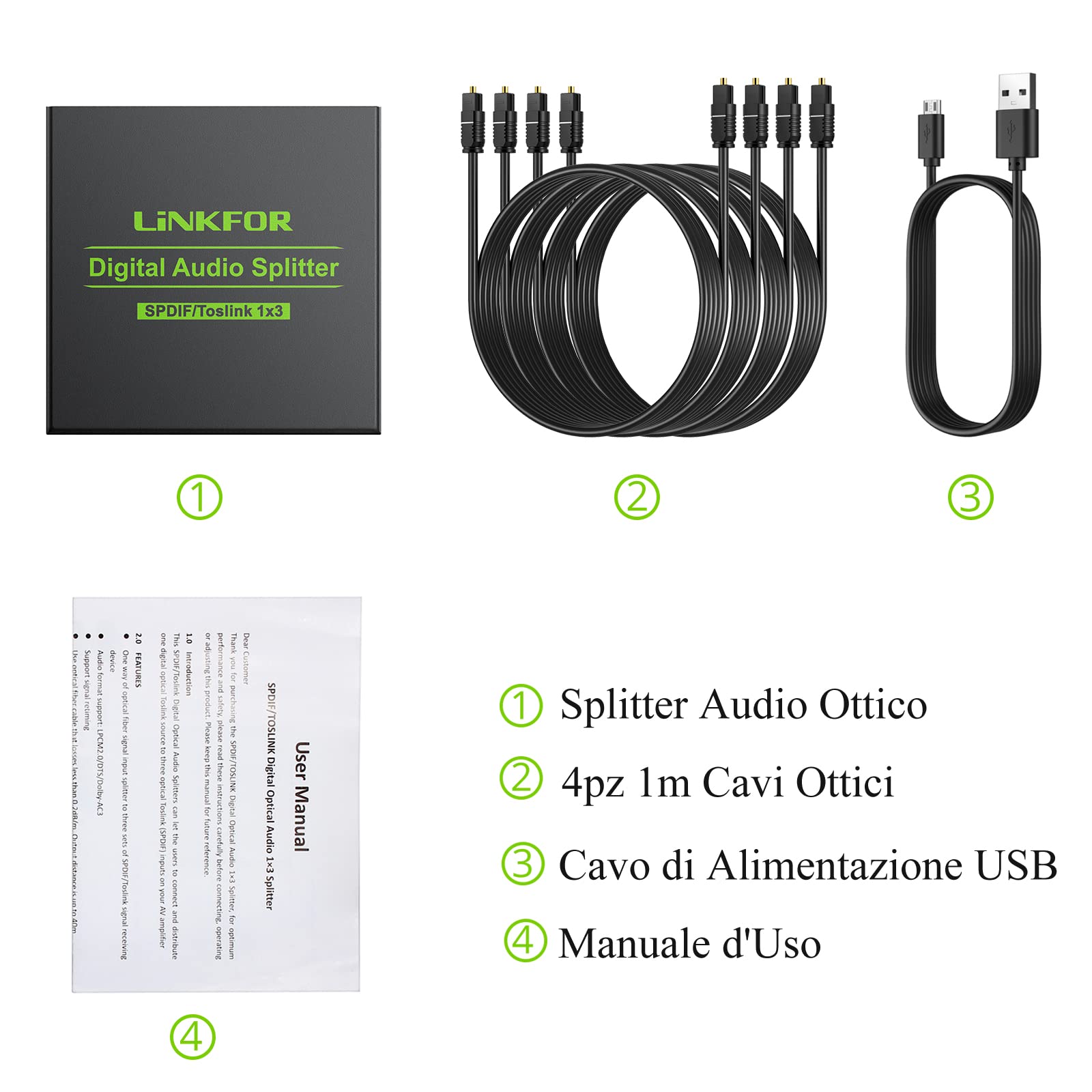 LiNKFOR 3 Porte Splitter Audio Digitale SPDIF 1 In 3 Out Splitter Ottico Toslink Supporta Dolby-AC3 DTS LPCM 2.0 con 4pz 1M Cavi Ottici per PS3 VHS VCR Blu-ray DVD HDTV STB DAC Convertitore