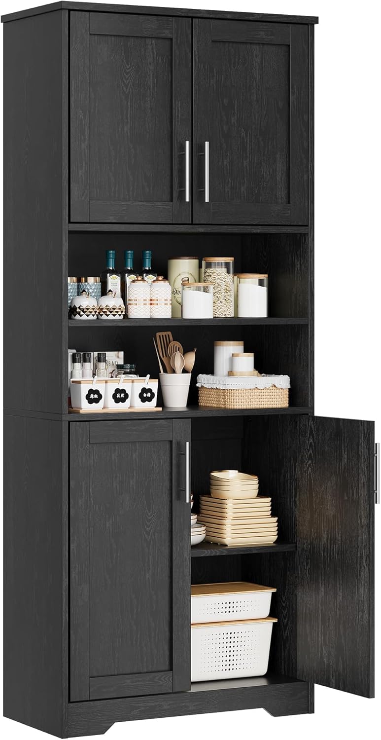 IDEALHOUSE 67" H Tall Storage Cabinet, Freestanding Bathroom Cabinet with 4 Doors and Adjustable Shelves,Modren Cupboard for Kitchen, Pantry, Living Room, Black