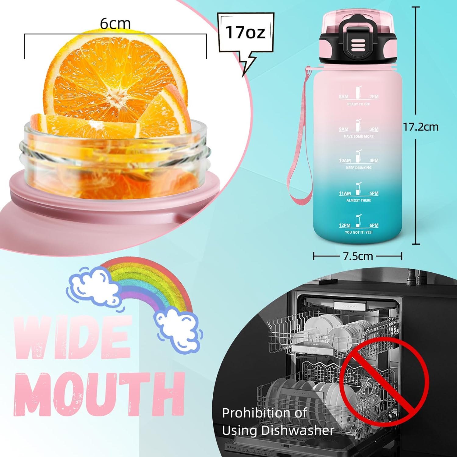 Children's Drinking Bottle, 500 ml, with Straw, Can Be Carried, Leak-Proof, Girls' Water Bottle, with Time Marking, for School, Running, Camping, Pink-Cyan
