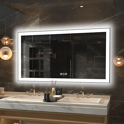 Espejo LED para baño, espejo de pared de 55 x 30 pulgadas con parte delantera y retroiluminada, espejo LED regulable sin escalones con
