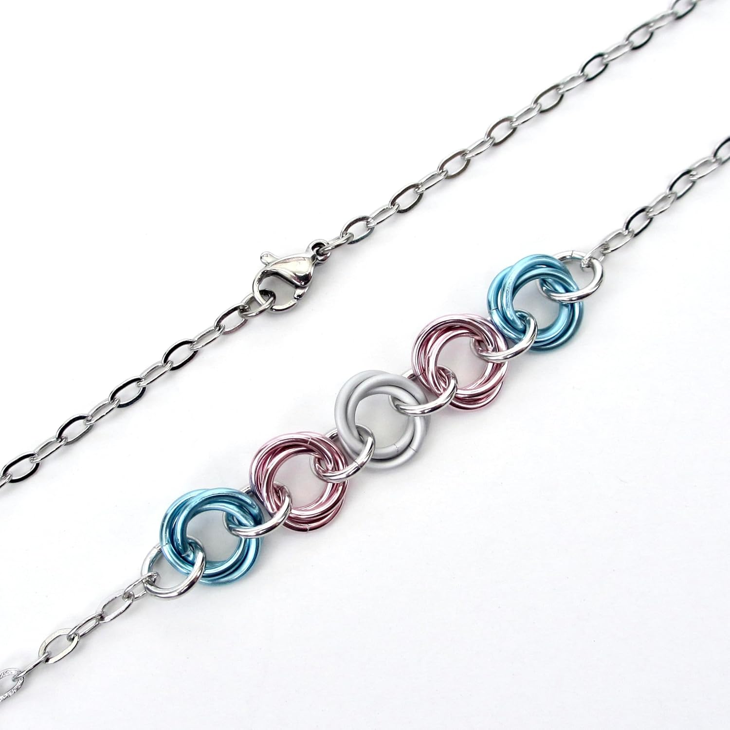 Transgender pride necklace, handmade chainmail love knot jewelry, LGBTQIA accessories