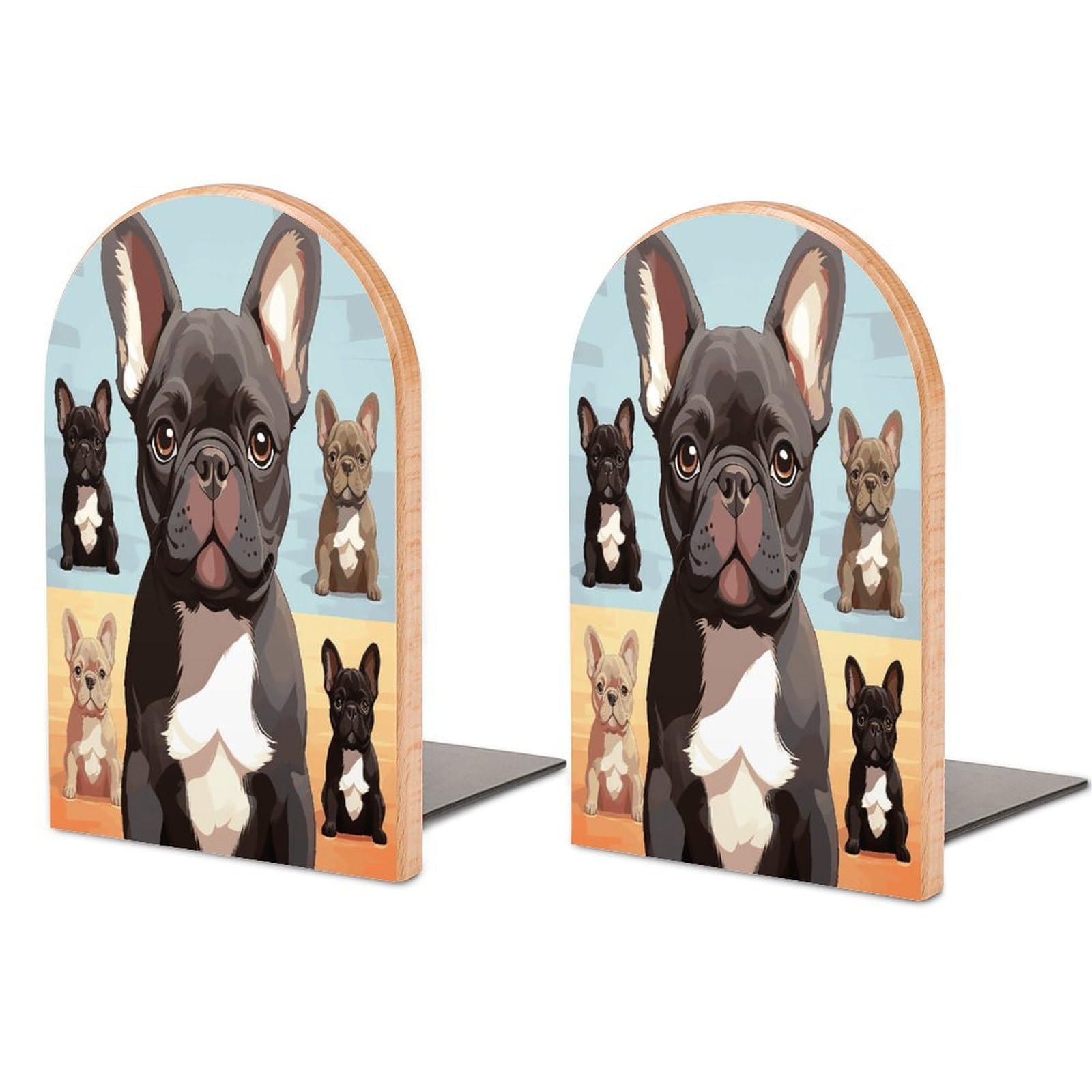 French Bulldog Dog Cute Bookend for Shelves Non-Skid Book Holder Modern Heavy Duty Bookend Stopper Metal Base Wood Book End Books Shelf Holder Home Decorative 1pair 5x3.9x3.1