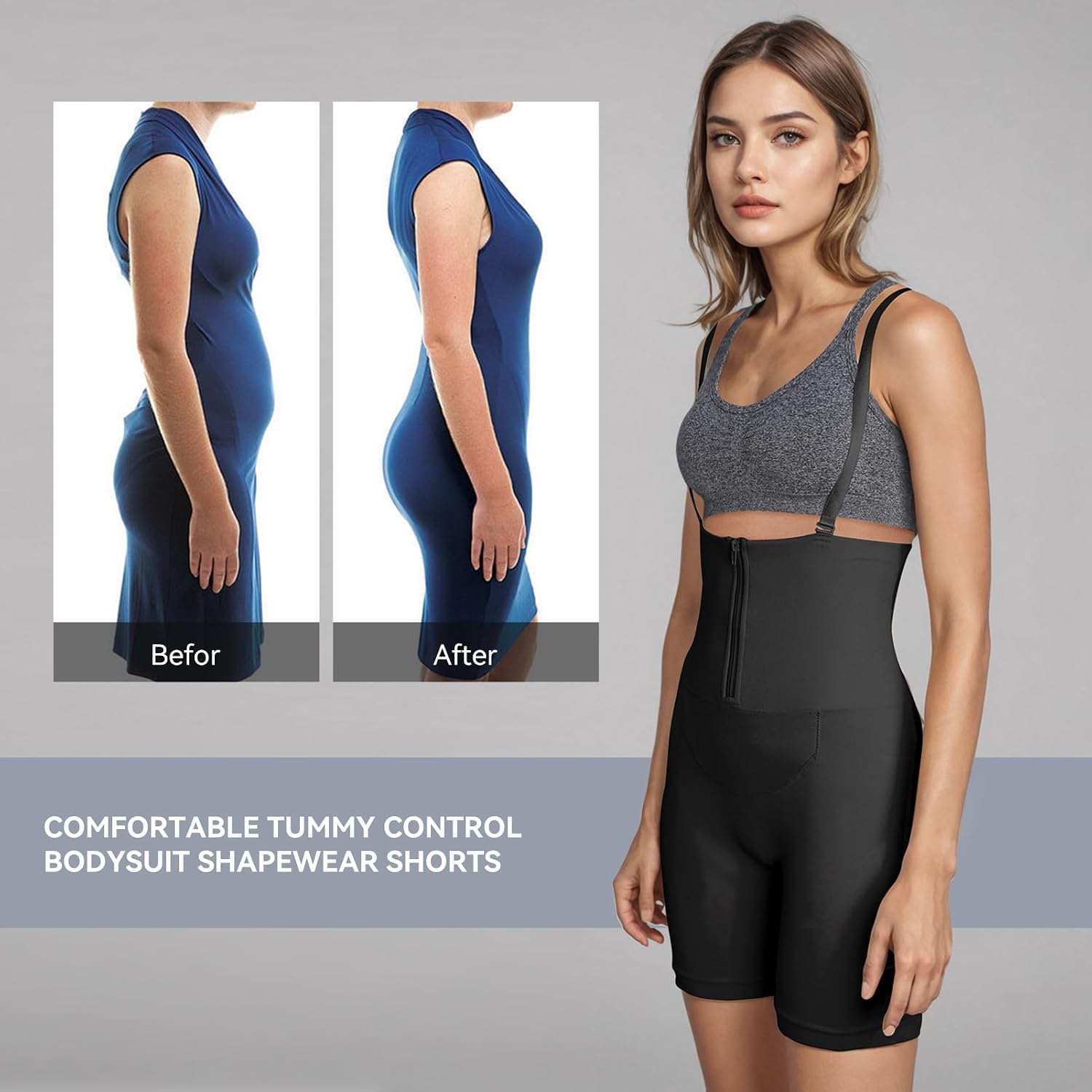 DREAM SLIM Womens High Waisted Body Shaper with Zipper & Straps,Tummy Control Butt Lifter Thigh Slimmer Postpartum Shapewear
