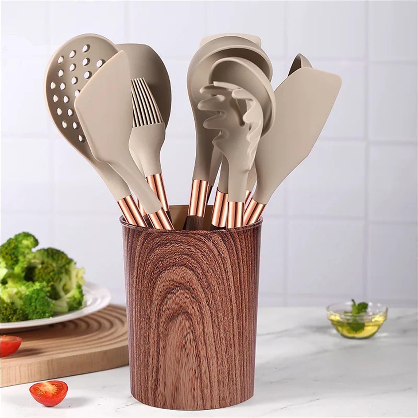 Silikon Küchenhelfer Set Silikon-Küchengeschirr mit Holzmaserung, 11-teiliges Set, antihaftbeschichtete Pfanne, Löffel, Kochutensilien Griff(WOOD12PCS)