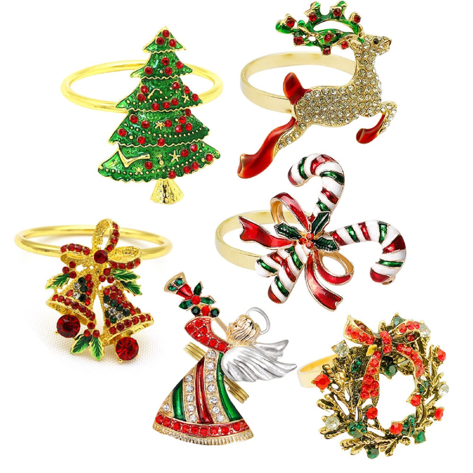 Junejour6Pcs Christmas Napkin Rings 6 Style Chic Rhinestone Napkin Rings Set Reindeer Christmas Tree Wreath Bells Cane Angel Napkin Ring Holders for Table Settings Christmas Decoration