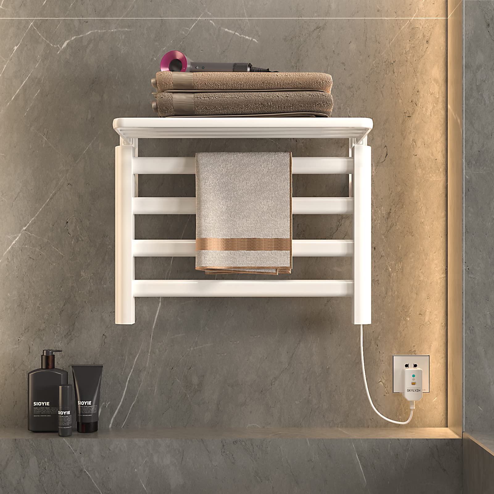 Radiador toallero eléctrico de 550x400 mm con Temperatura Constante Inteligente y Estante - Calefacción de Fibra de Carbono Blanca - Secador toallero para baño