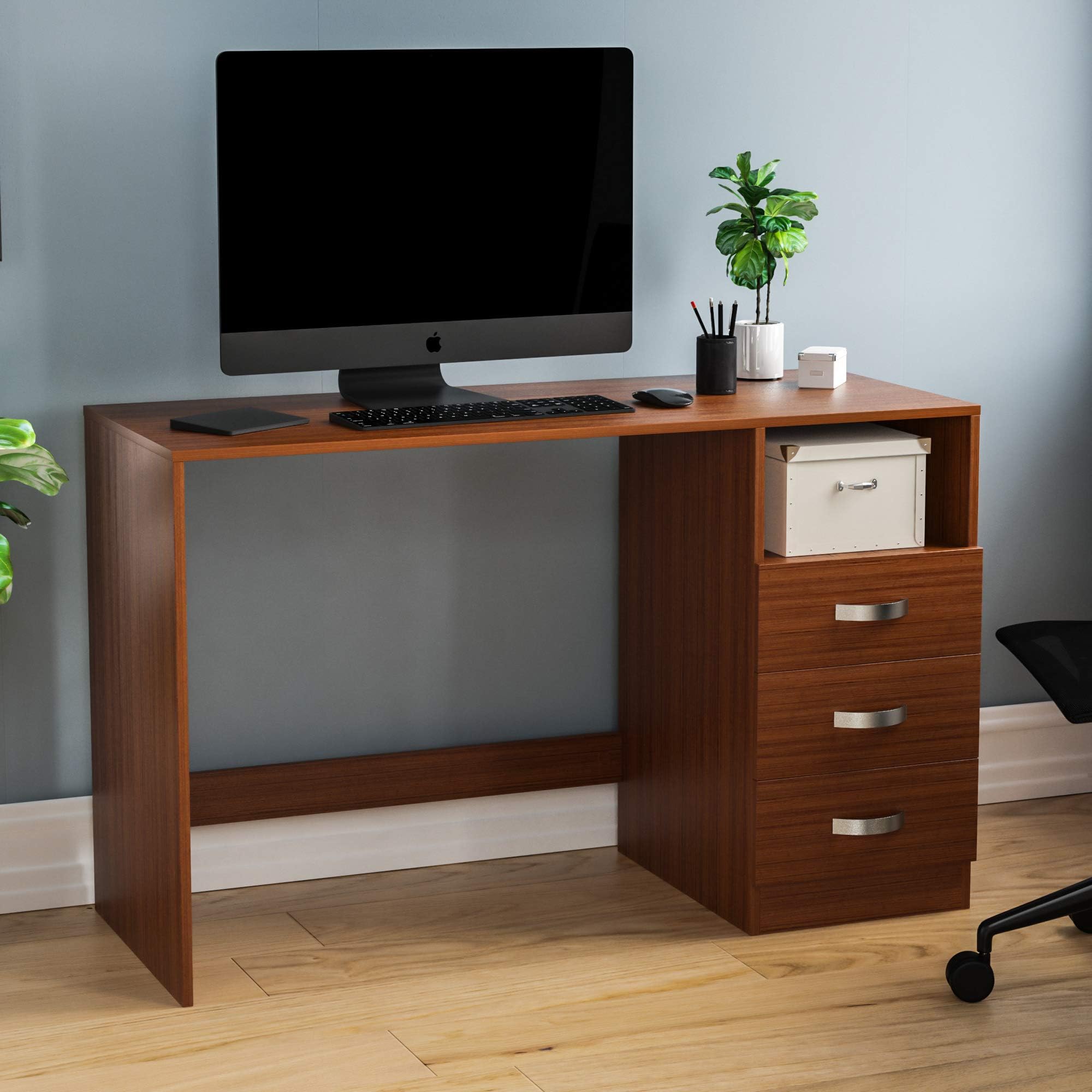 Vida Designs Filey Computer Desk with 3 Drawers and Shelf, Home Office PC/Laptop Table, Gaming Study Workstation with Storage, Furniture, Walnut