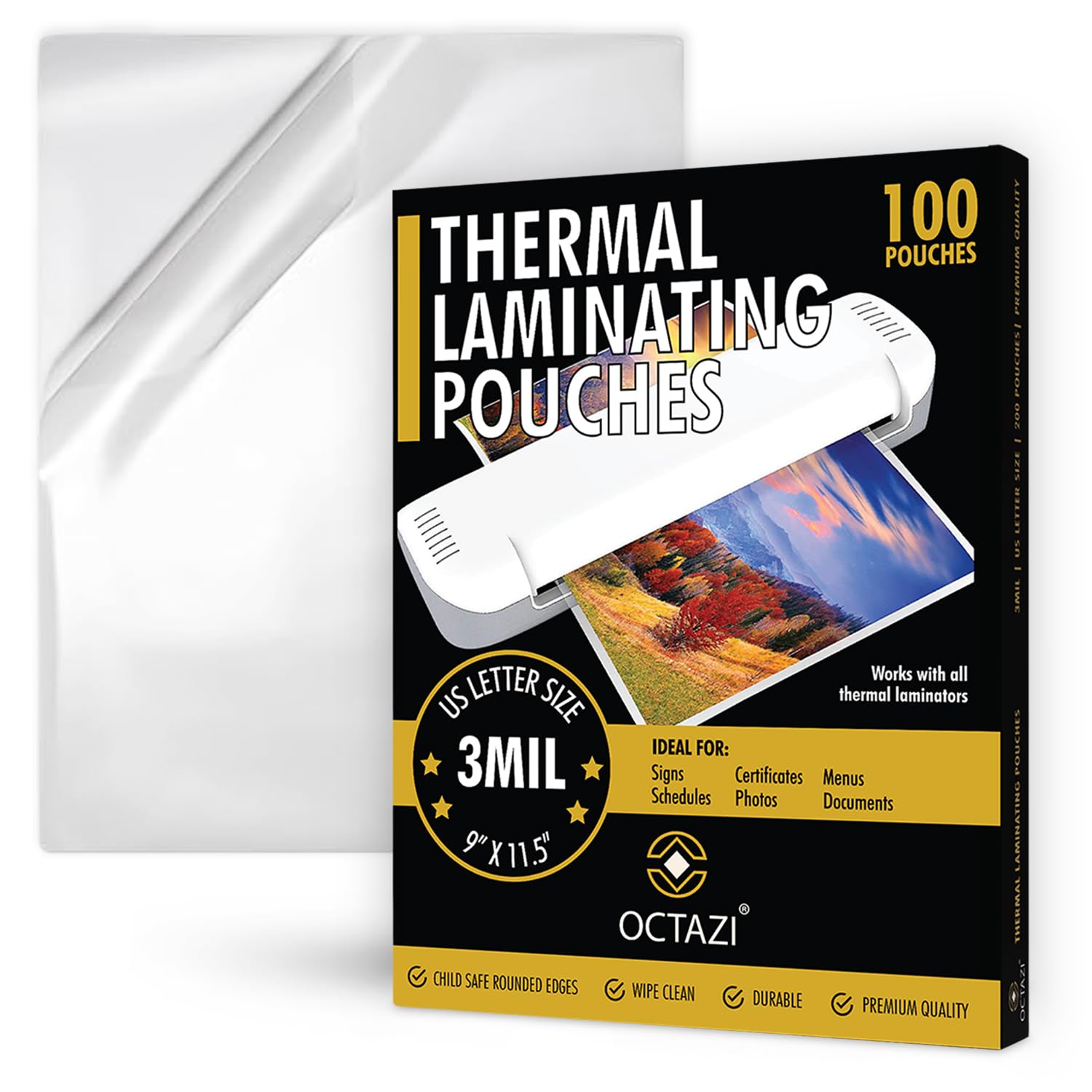 OCTAZI Thermal Laminating Pouches 3MIL – 100 Pack, 9 x 11.5 Inches – Glossy, Photo-Safe, Waterproof, Compatible with All Thermal Laminators – Letter Size Sheets for Documents, Photos, Menus & More.