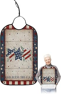 Kewadony Adult Bibs for Elderly Women - 4th of July Waterproof Dining Clothing Protectors with Crumb Catcher for Eating/Feeding, Independence Day Red Blue Star Leaves Retro Wooden Terry Cloth Bib