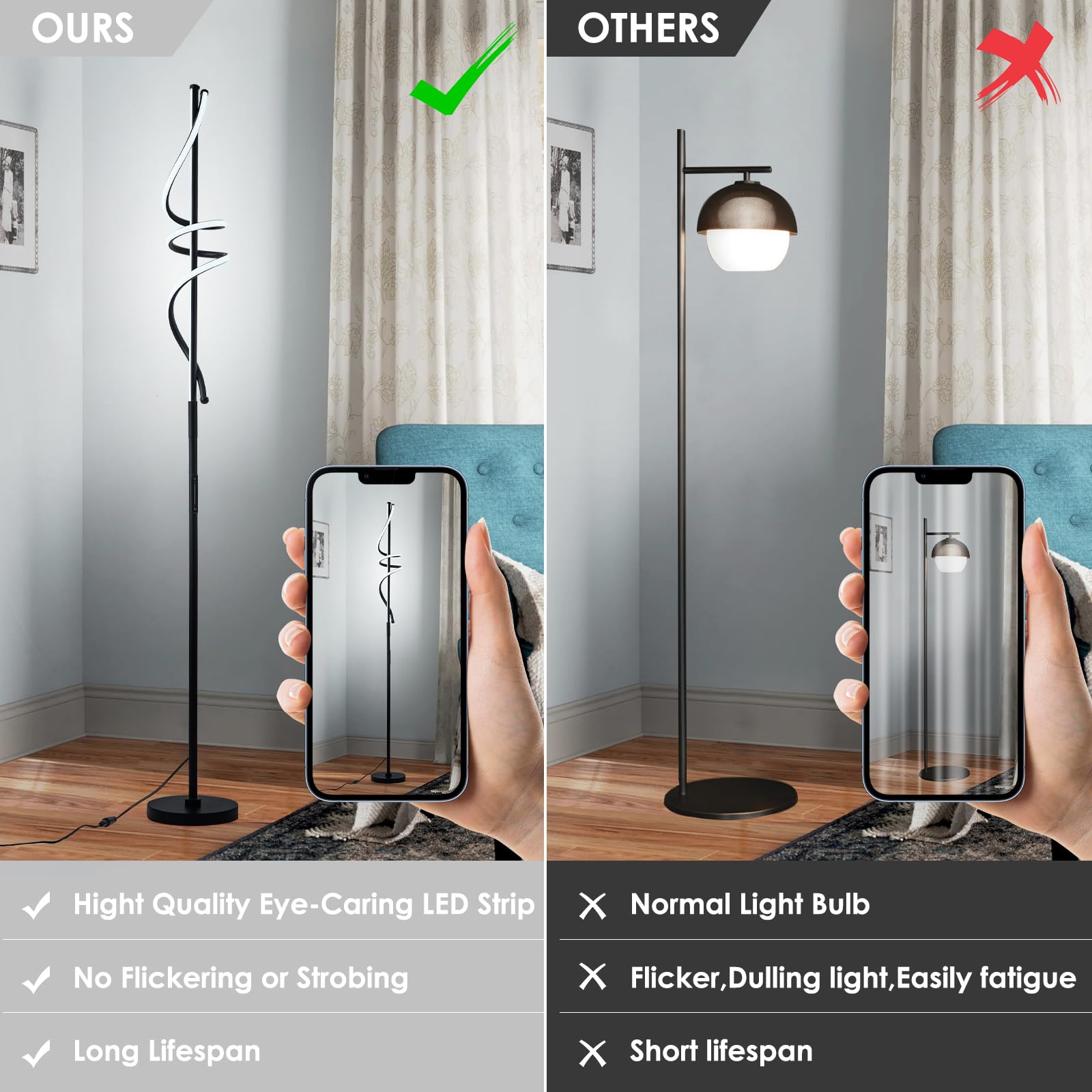 Lampada da Terra Salotto LED 48W Dimmerabile Moderno Piantana con Telecomando e Controllo Tattile 3 Temperature di Colore Spirale Design 175CM Lampada da Lettura Per Camera da Letto Nero