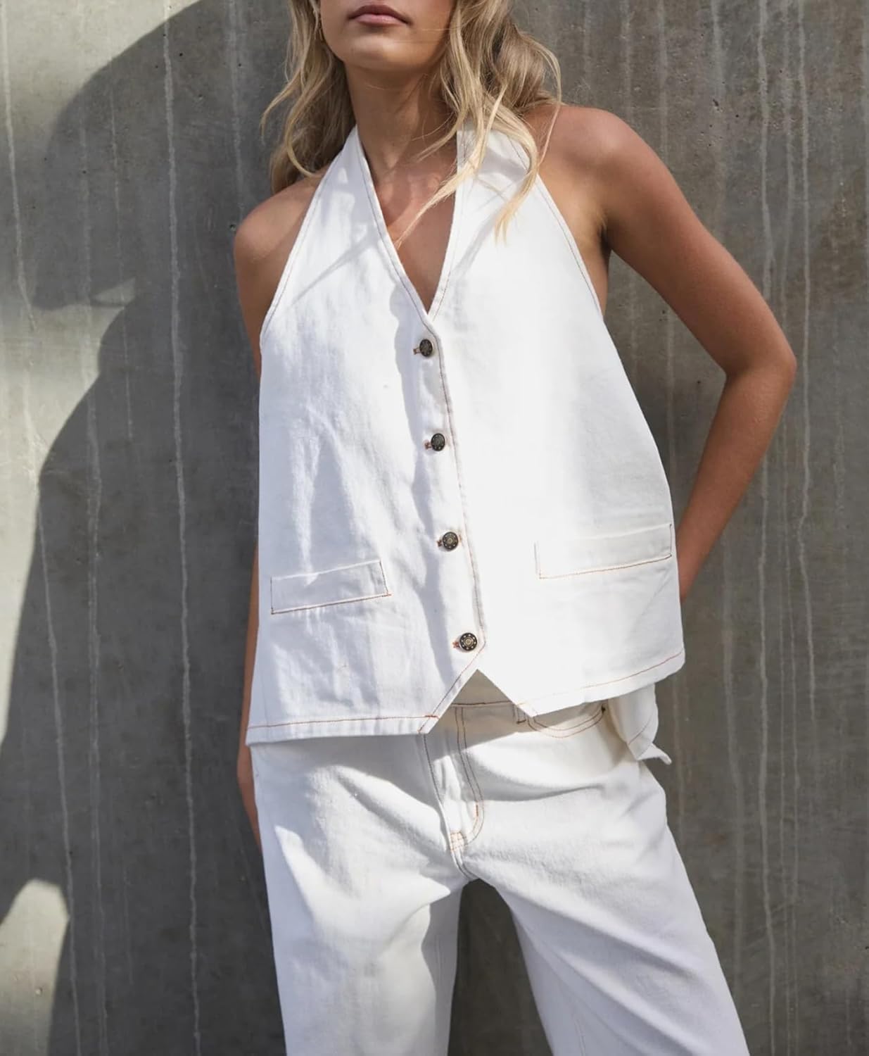 Kedera Women's Tie Up Denim Vest Button Down Backless Denim Tank Top V Neck Sexy Loose Fashion Cropped Vest