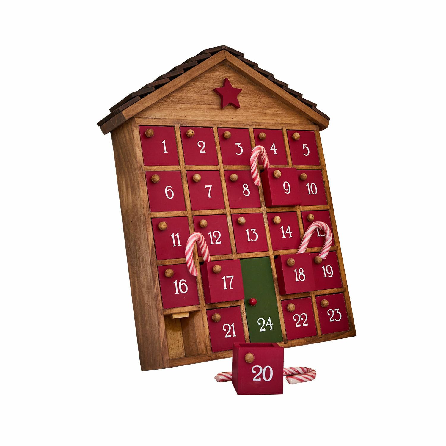 Loberon Adventskalender Zanari - 24 Schubladen zum Befüllen - in Hausform - mit Wandaufhängung - Advent - Weihnachten - Kiefernholz, braun/rot | 24 Schubladen zum Befüllen - in Hausform - mit Wandaufhängung - Advent - Weihnachten - Kiefernholz