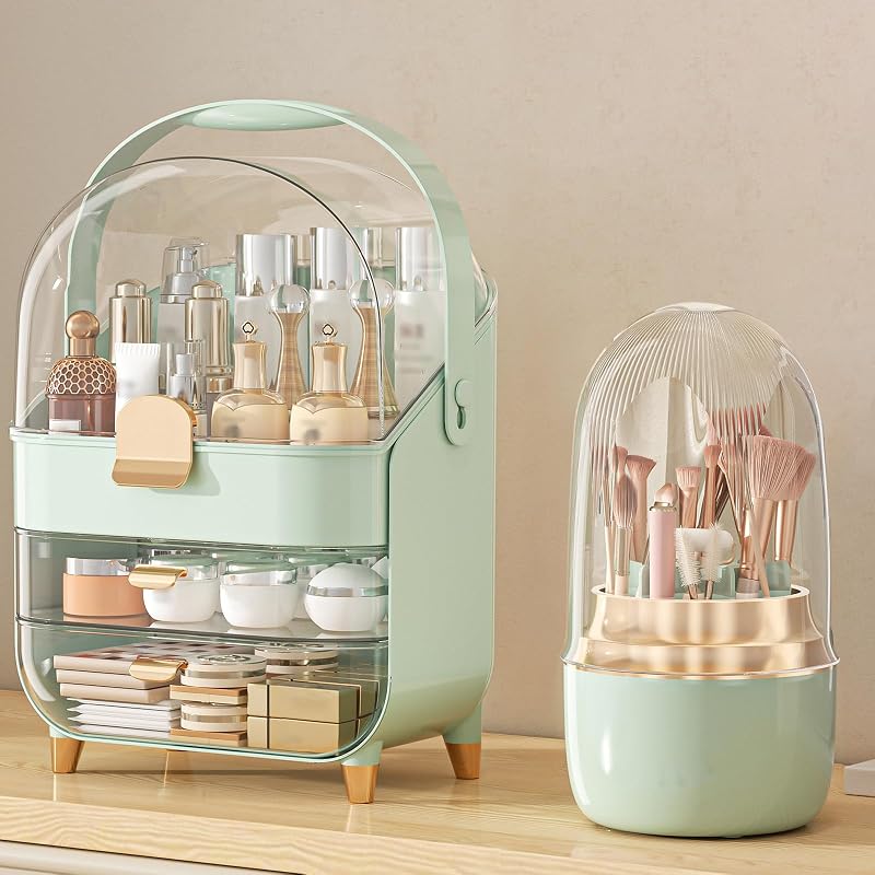 Organizador de maquiagem Anylady para bancada, com 3 compartimentos, plástico, verde/Brush, HZH01