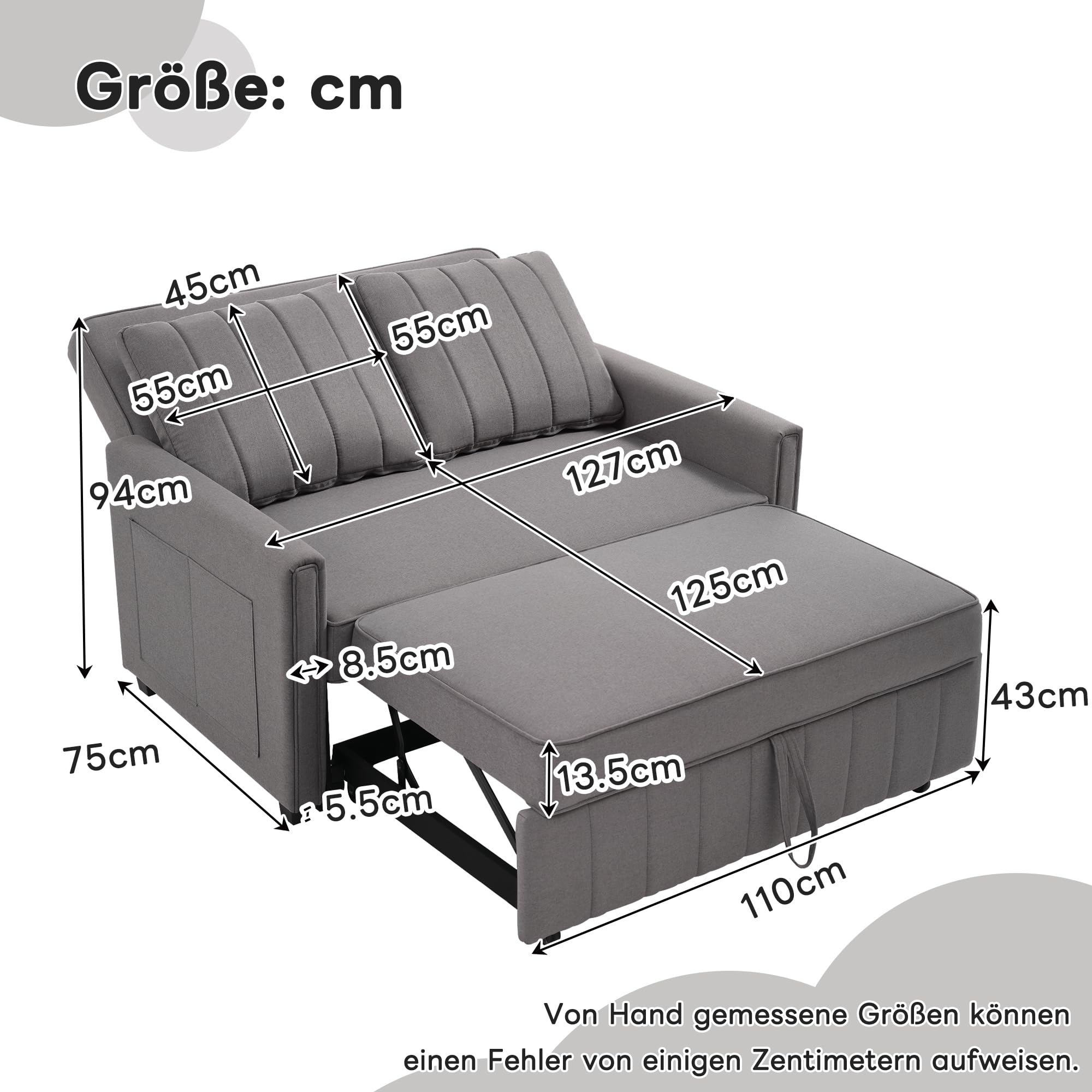 HAINEW Moderner Klappbares Schlafsofa Couch Sofa mit Schlaffunktion, 2-Sitzer Polstersofa Polstermöbel mit Rückenlehne und Armlehnen für Wohnzimmer, Schlafzimmer, Wohnung (Grau)